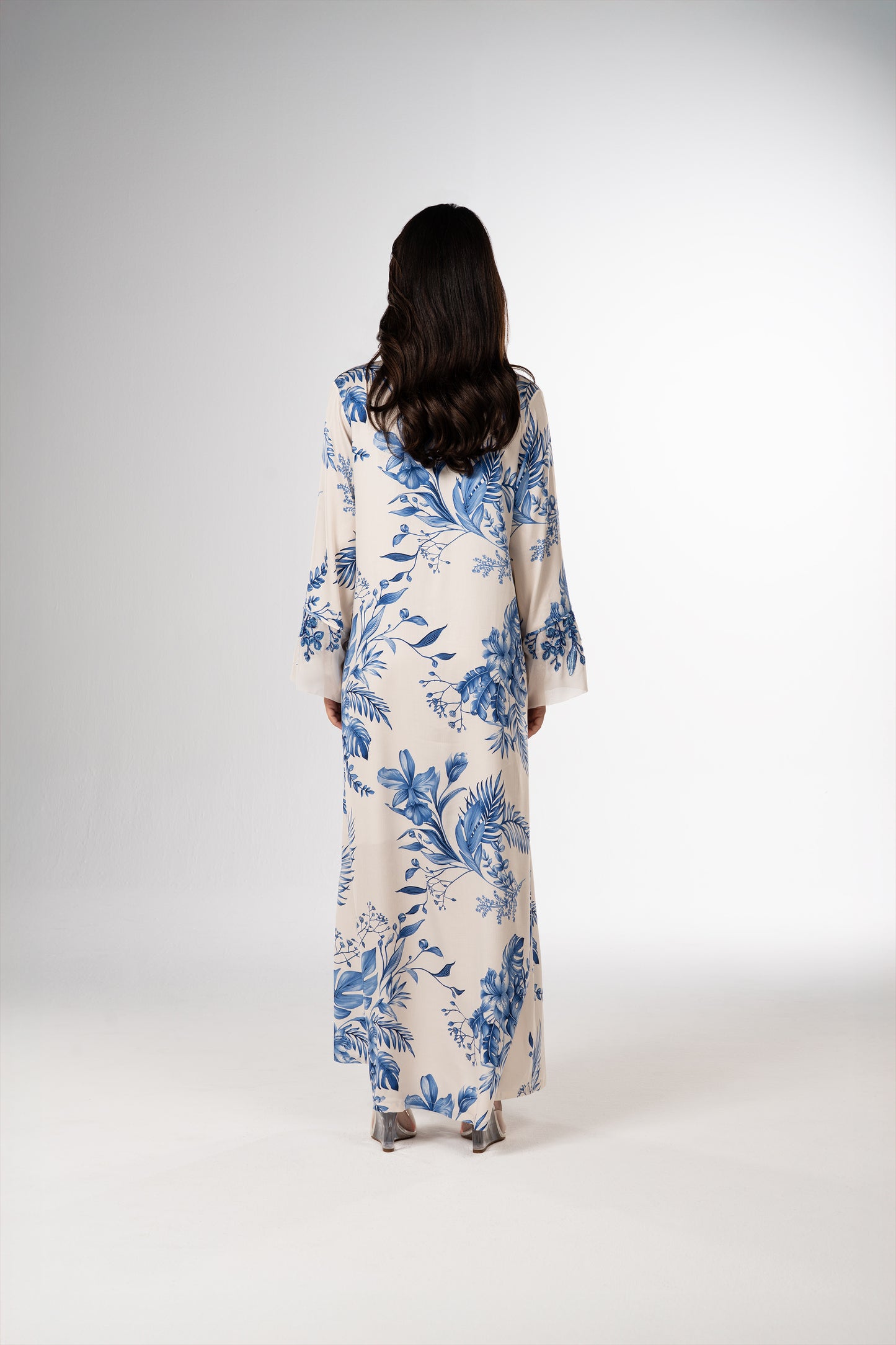 Azure Botanica Italian Viscose Satin Caftan with 3D Embroidery back