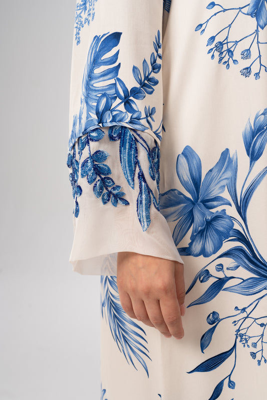 Azure Botanica Italian Viscose Satin Caftan with 3D Embroidery close up