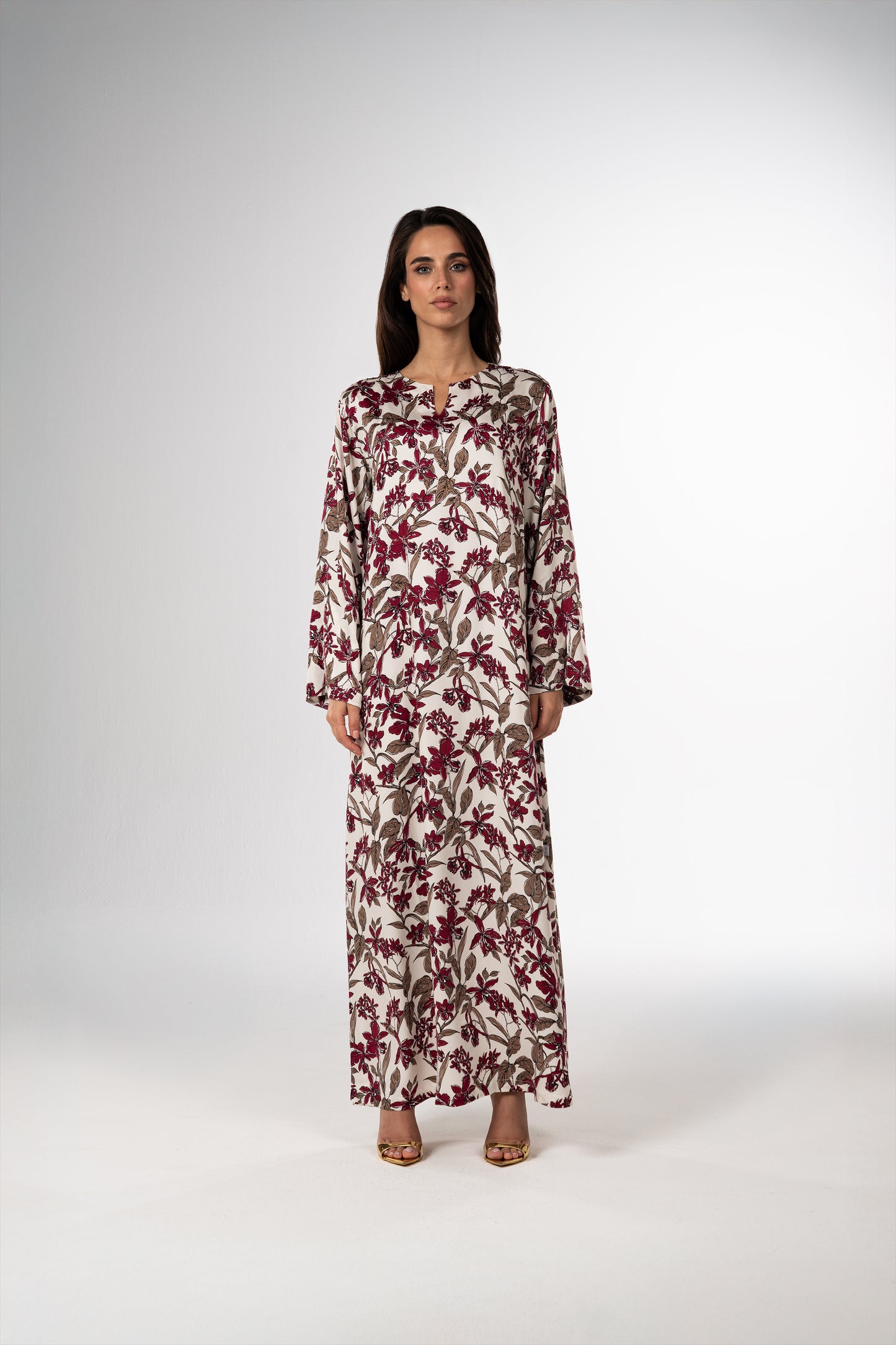 Burgundy Orchid Italian Satin Caftan with Fine Beaded Detailing