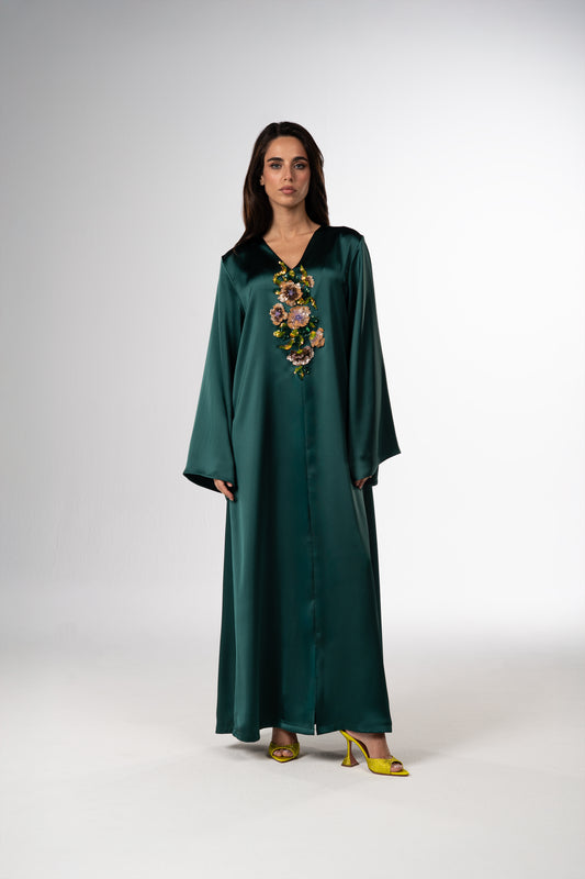 Forest Green Italian silk Caftan with 3D Floral Hand Embroidery