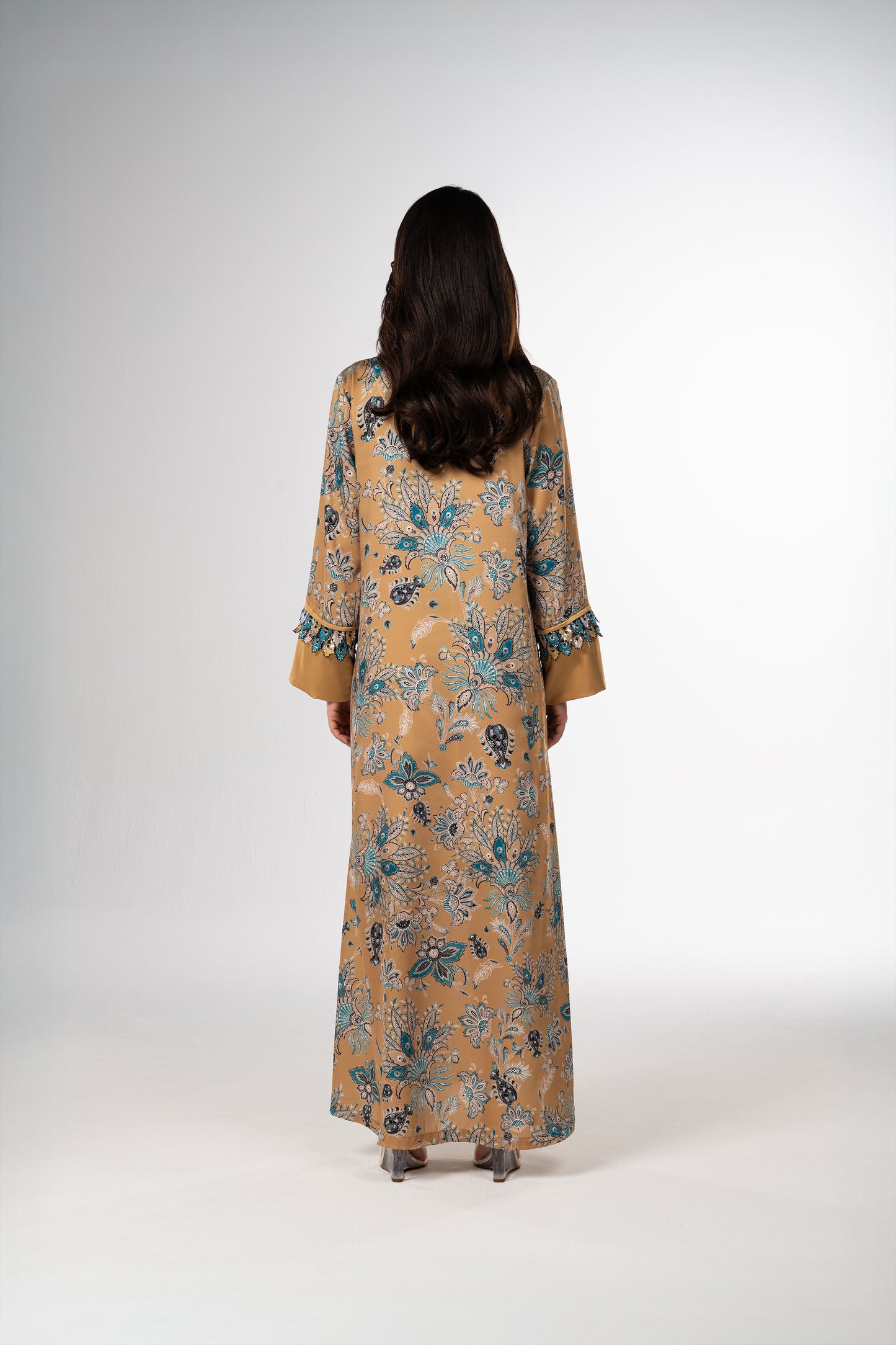 Golden Mirage Italian Viscose Satin Caftan with 3D Embroidered Cuffs back