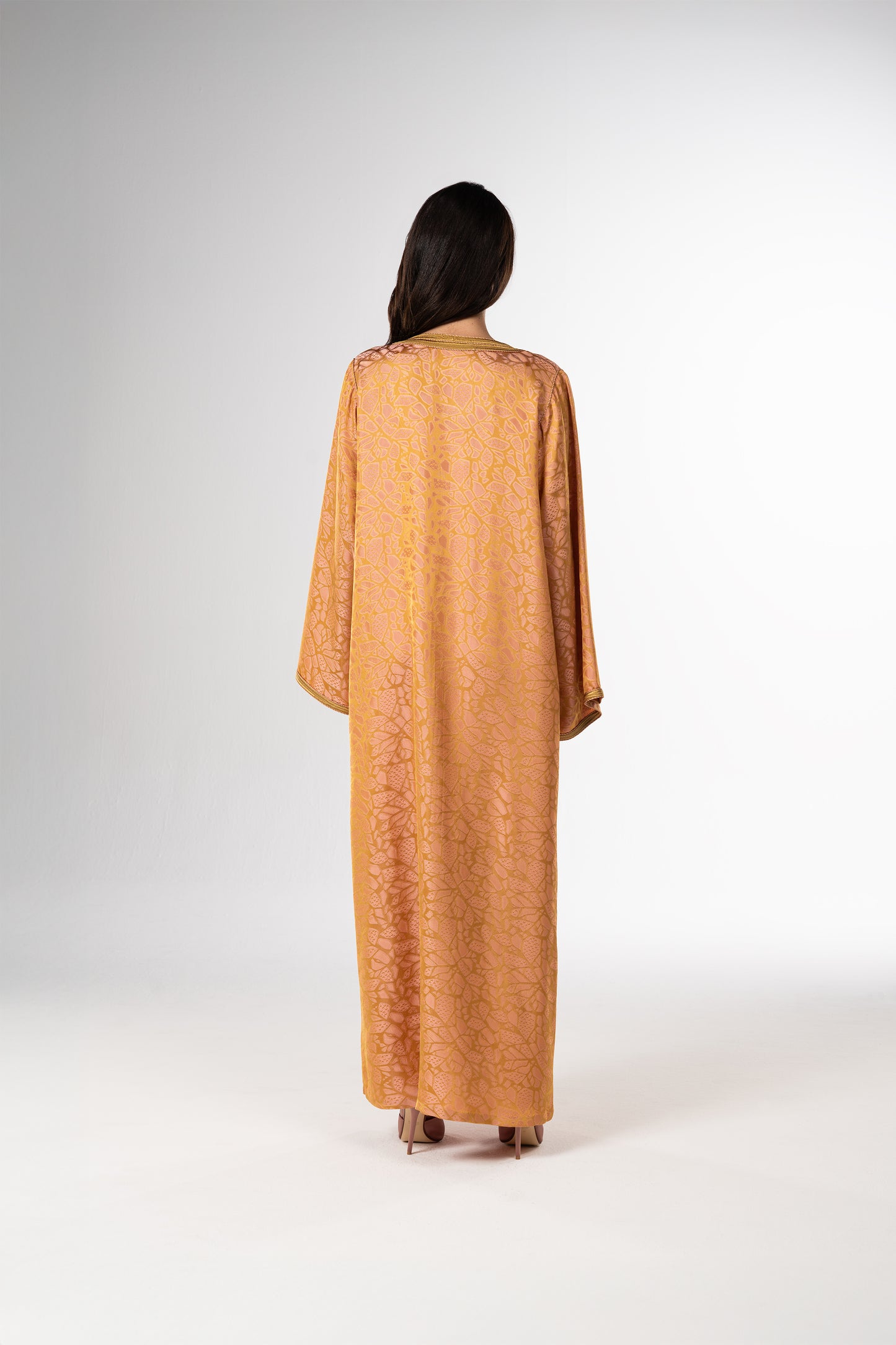 Golden Peach Italian Jacquard Caftan with Handcrafted Moroccan Embroidery back