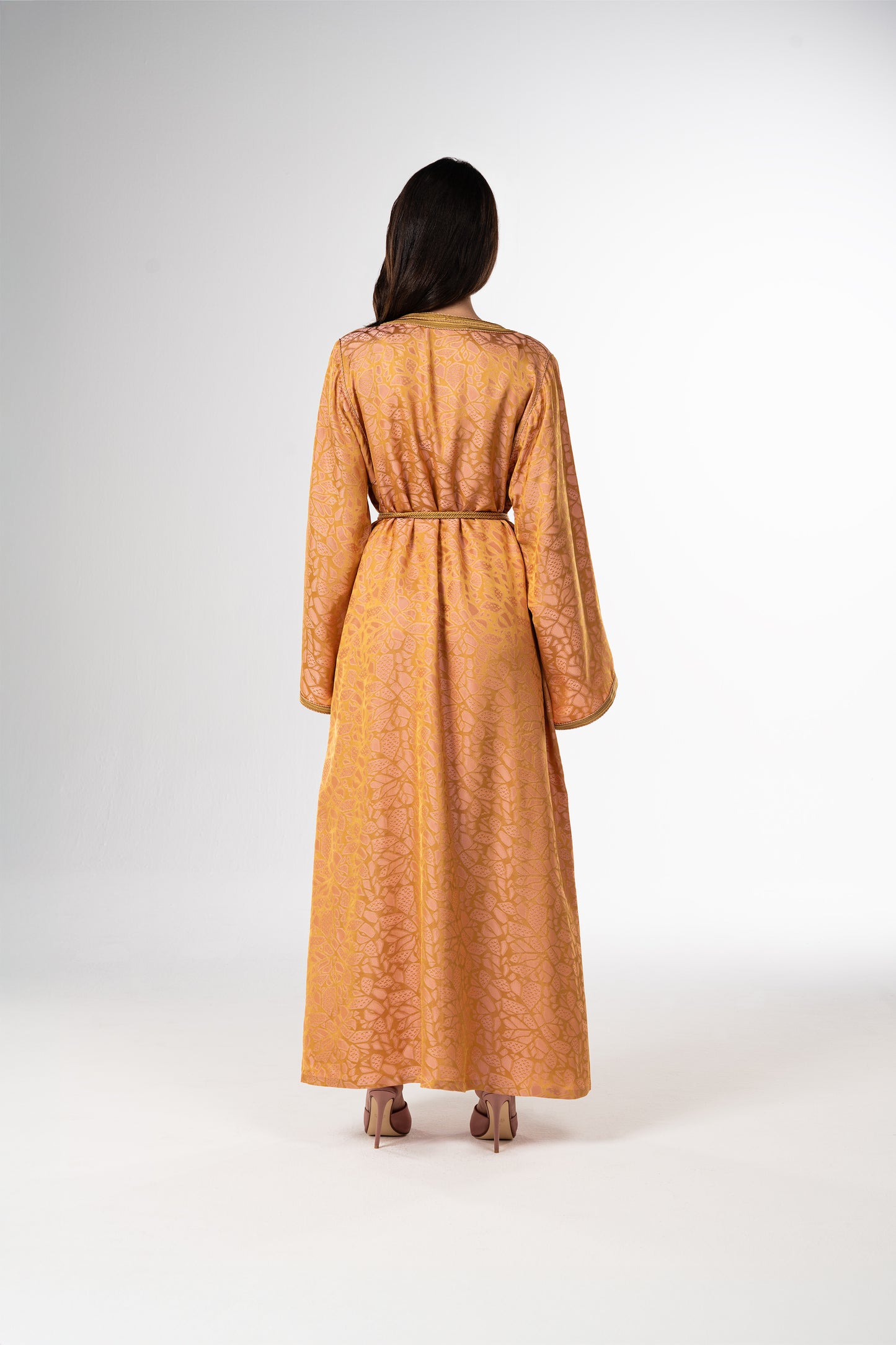 Golden Peach Italian Jacquard Caftan with Handcrafted Moroccan Embroidery back belt