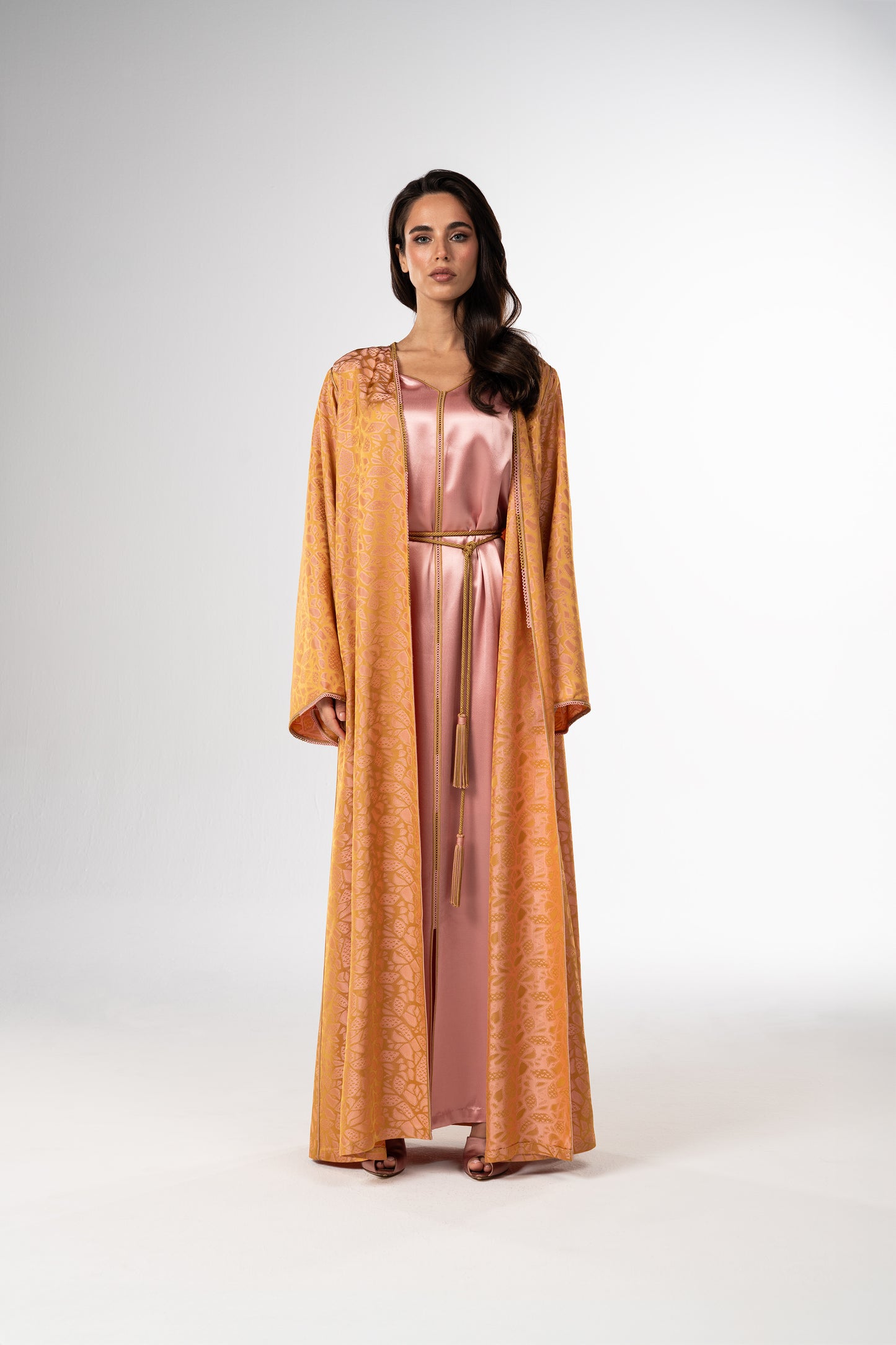 Golden Rose Jacquard Two-Piece Caftan with Satin Inner Dress