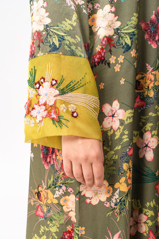 Italian Floral 3D Embroidered Olive Bloom Viscose Satin Caftan