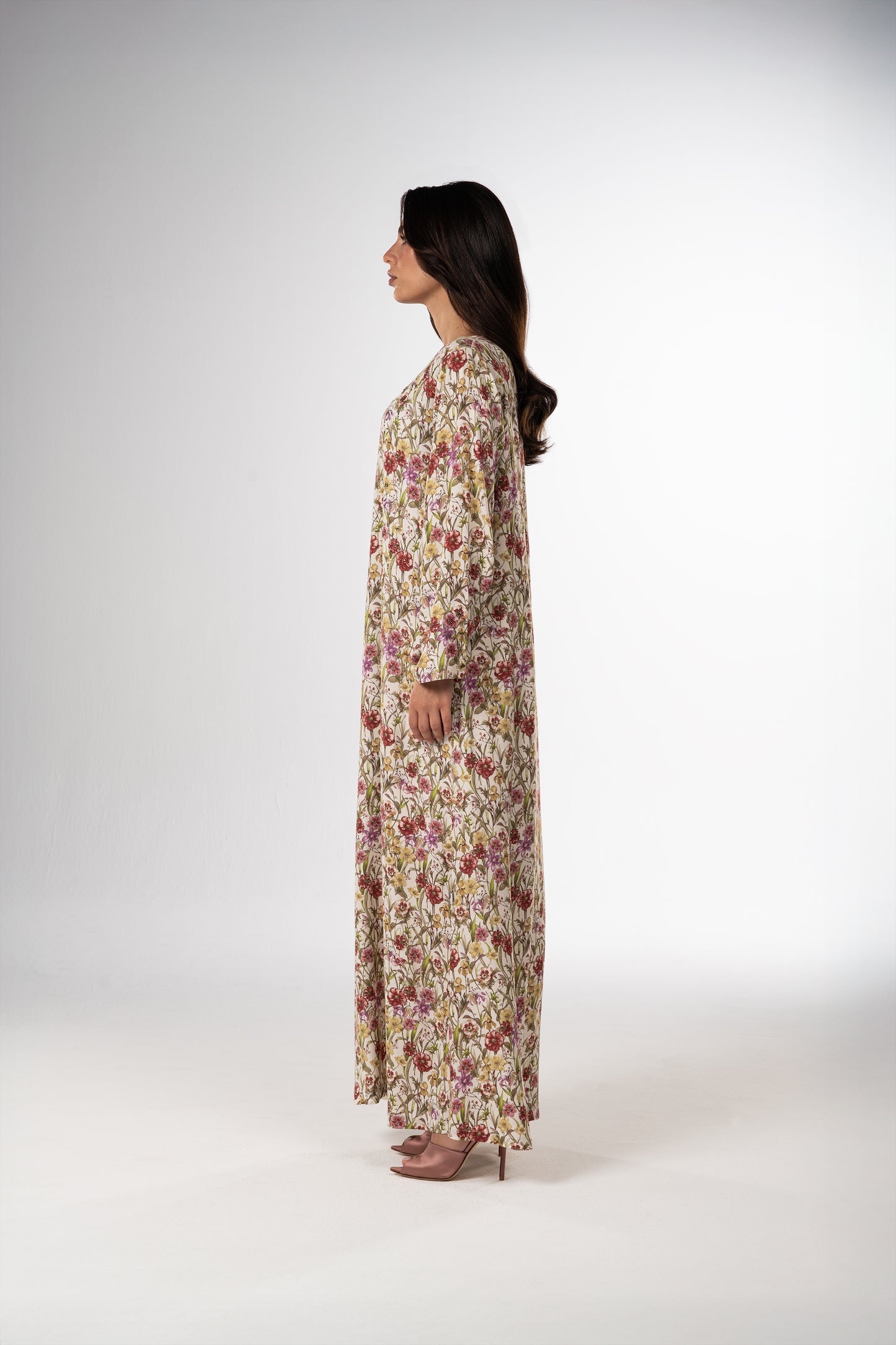 Ivory Garden Italian Satin Caftan with Floral Embroidery side