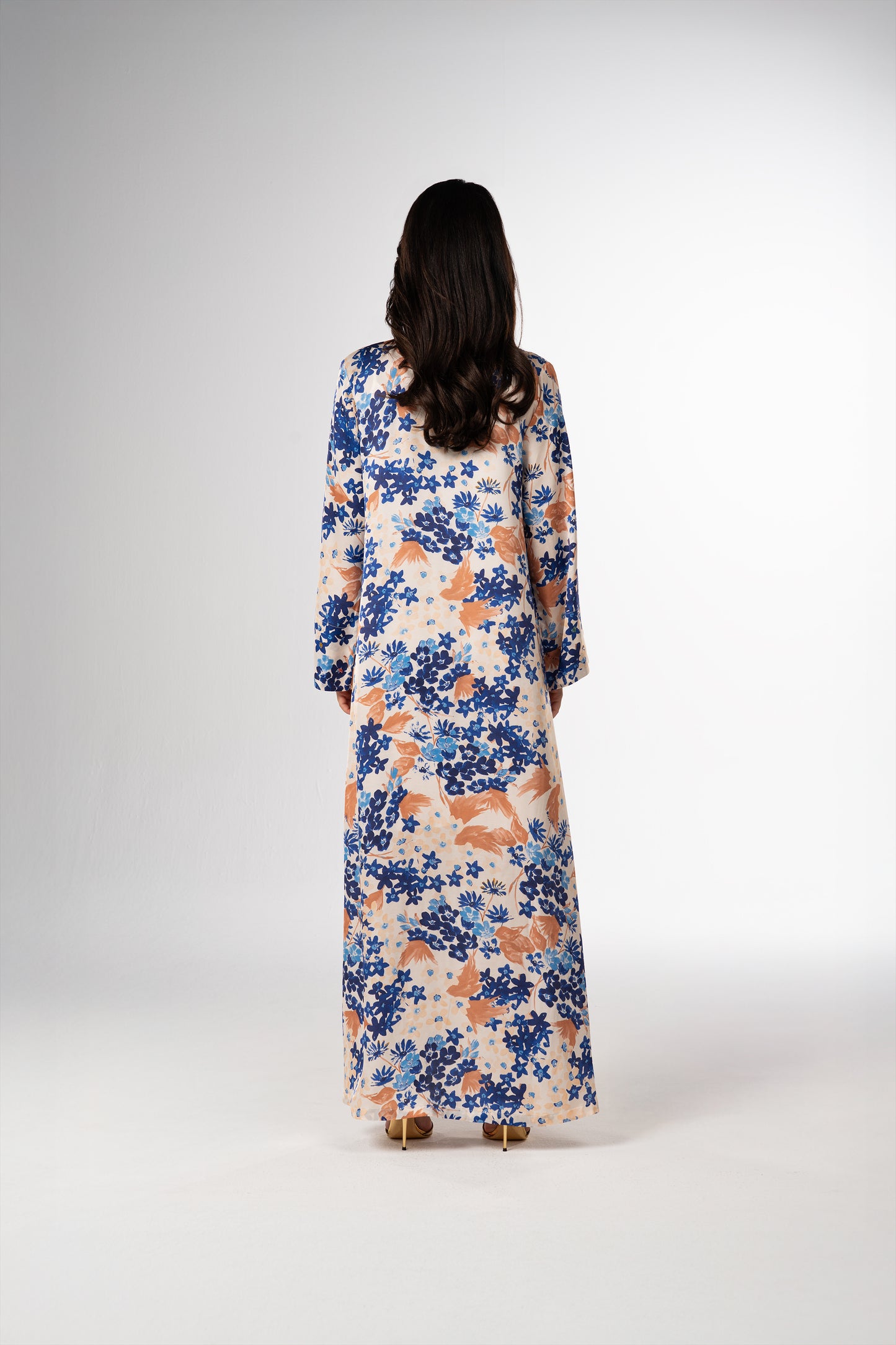 Mediterranean Bloom Italian Satin Caftan with Hand Beading back