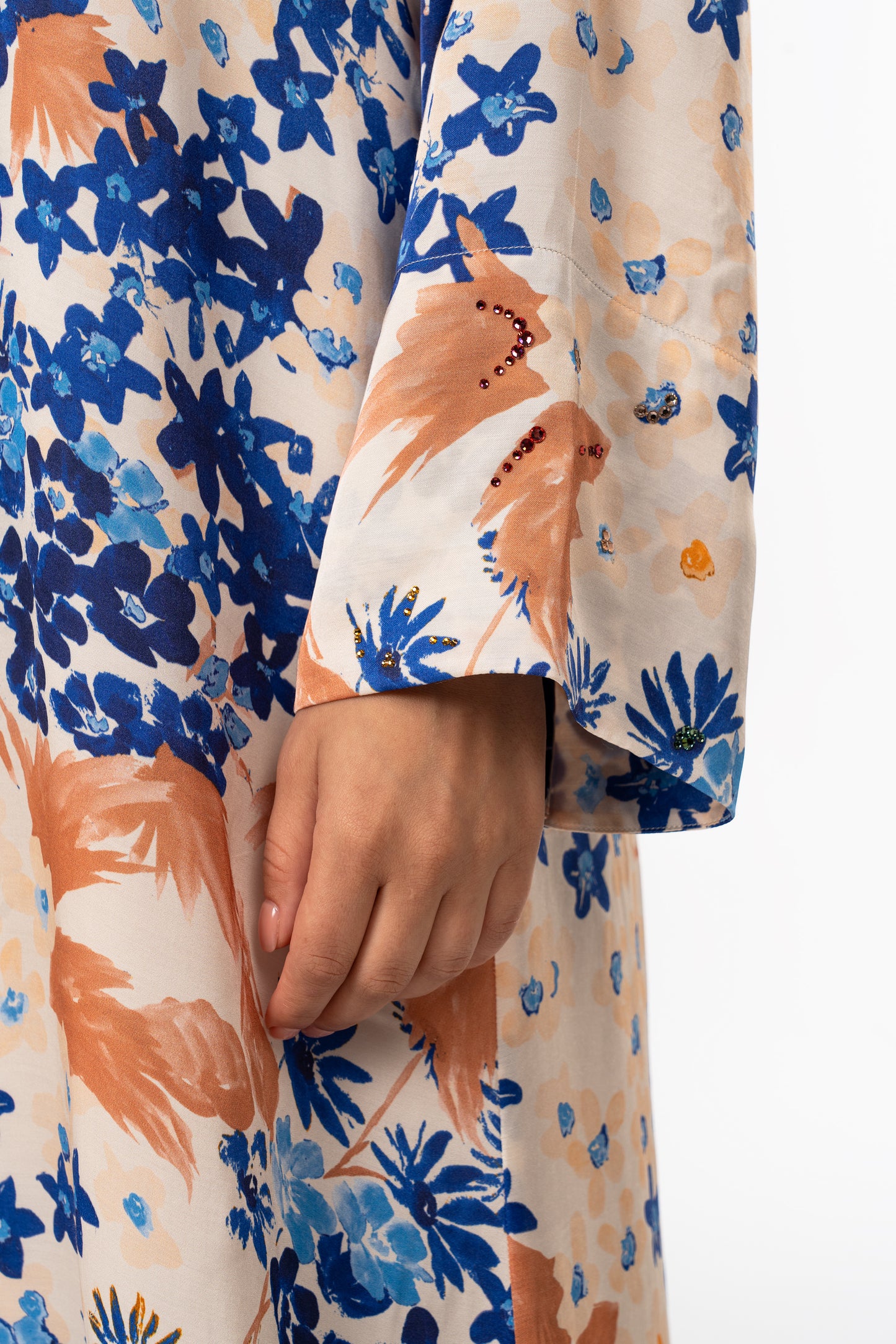 Mediterranean Bloom Italian Satin Caftan with Hand Beading close up 2