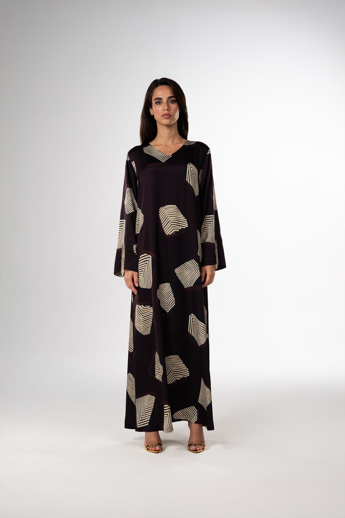 Midnight Geometry Italian Viscose Satin Caftan with Crystal Beadwork