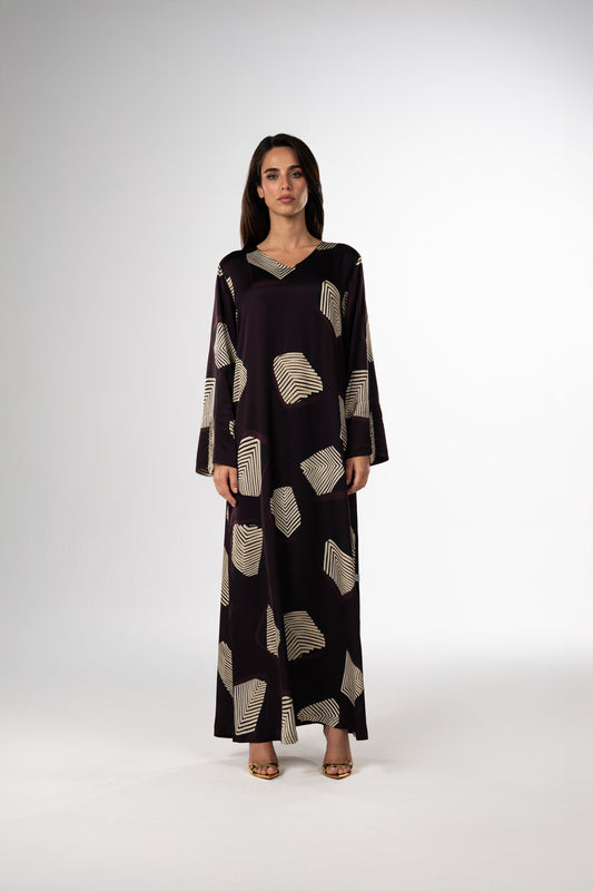 Midnight Geometry Italian Viscose Satin Caftan with Crystal Beadwork