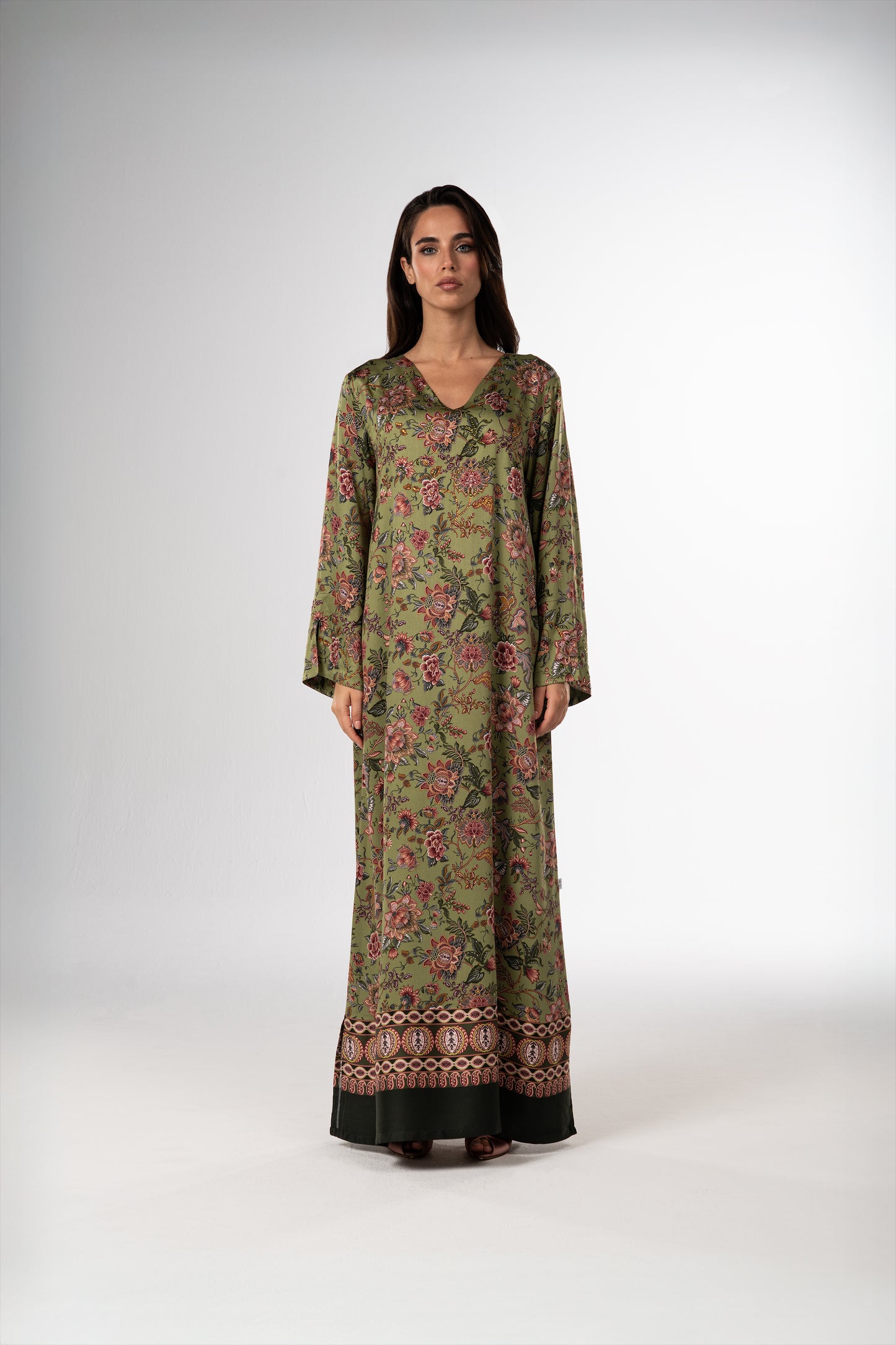 Moss Garden Italian Satin Caftan with Hand-Beaded Florals