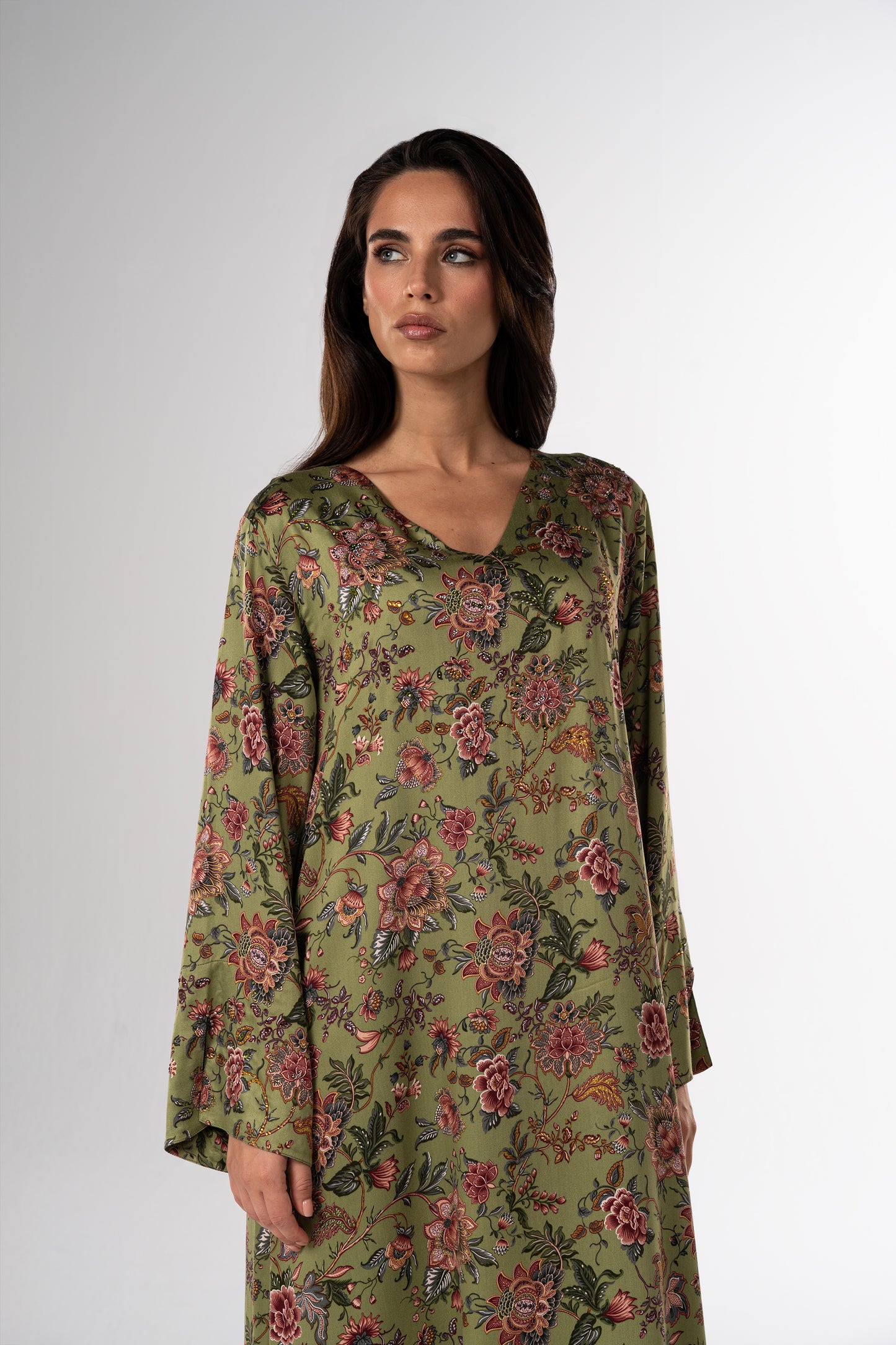 Moss Garden Italian Satin Caftan with Hand-Beaded Florals close up 2