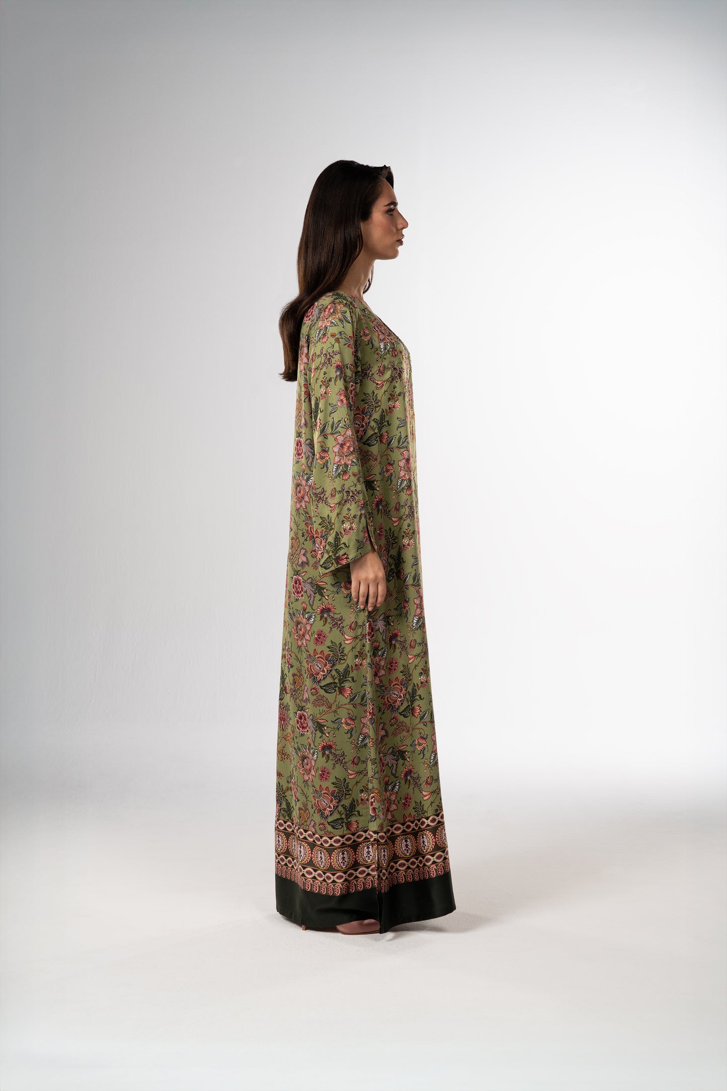 Moss Garden Italian Satin Caftan with Hand-Beaded Florals side
