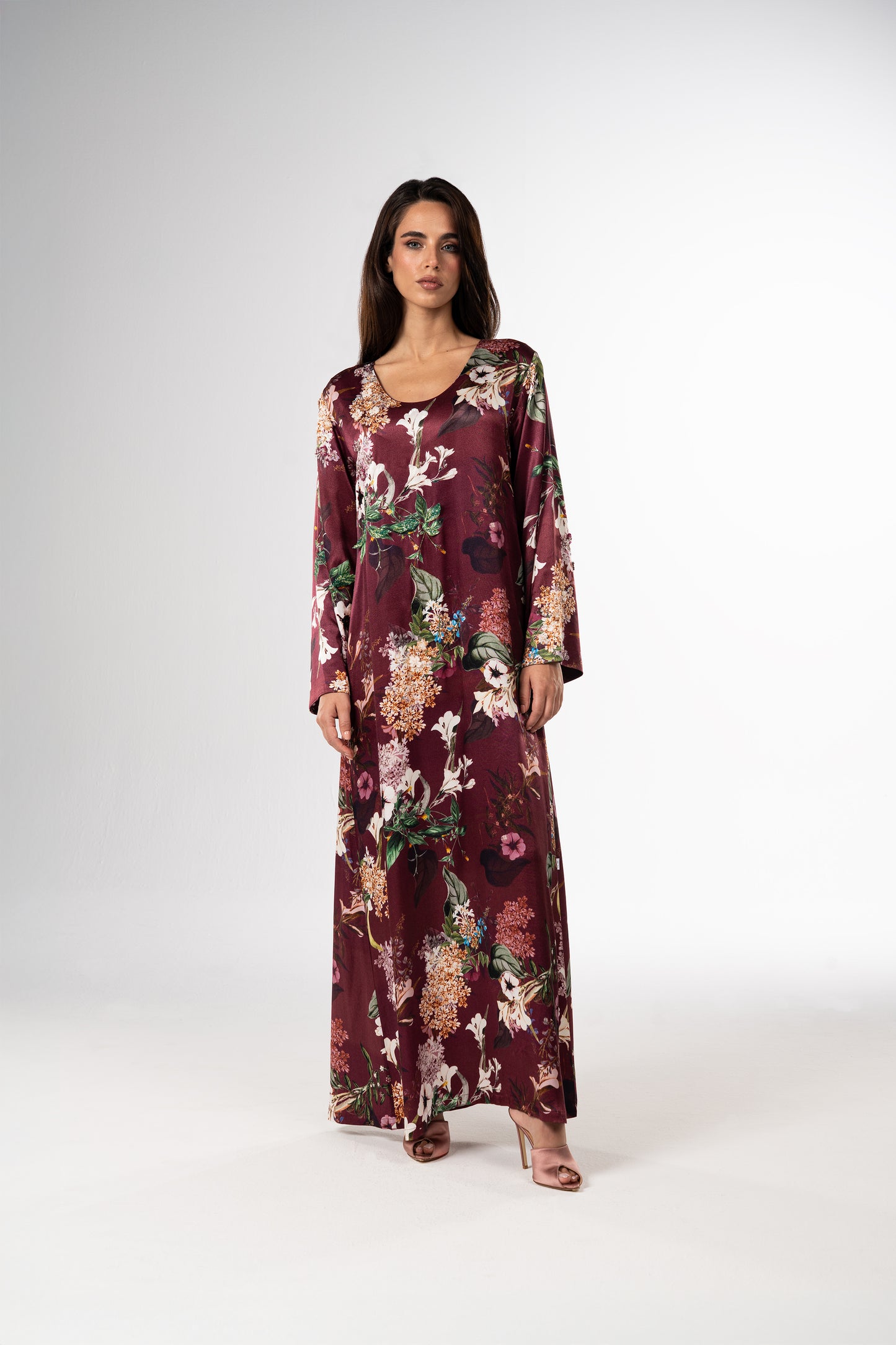 Raspberry Italian Viscose Satin Caftan with Hand-Beaded 3D Florals