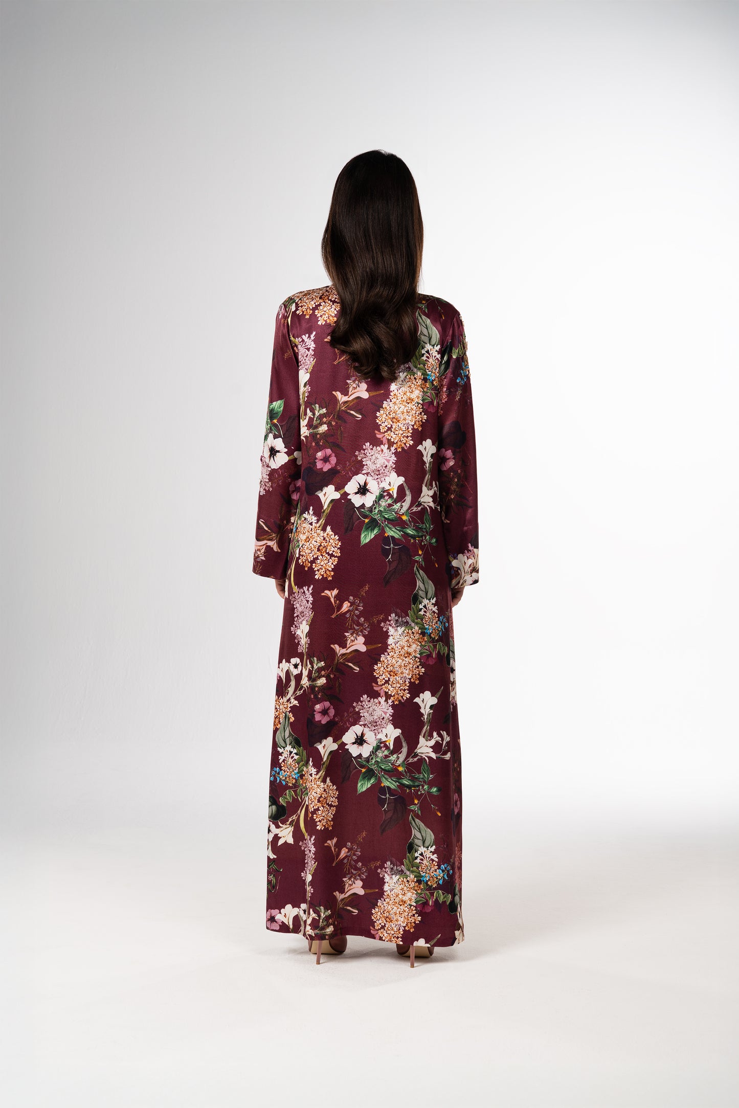 Raspberry Italian Viscose Satin Caftan with Hand-Beaded 3D Florals back