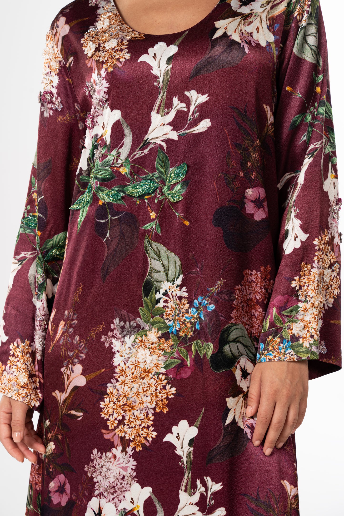 Raspberry Italian Viscose Satin Caftan with Hand-Beaded 3D Florals close up 2