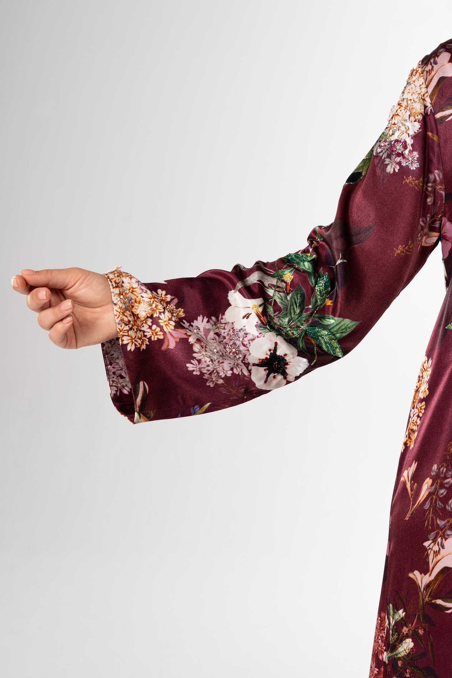 Raspberry Italian Viscose Satin Caftan with Hand-Beaded 3D Florals close up 3