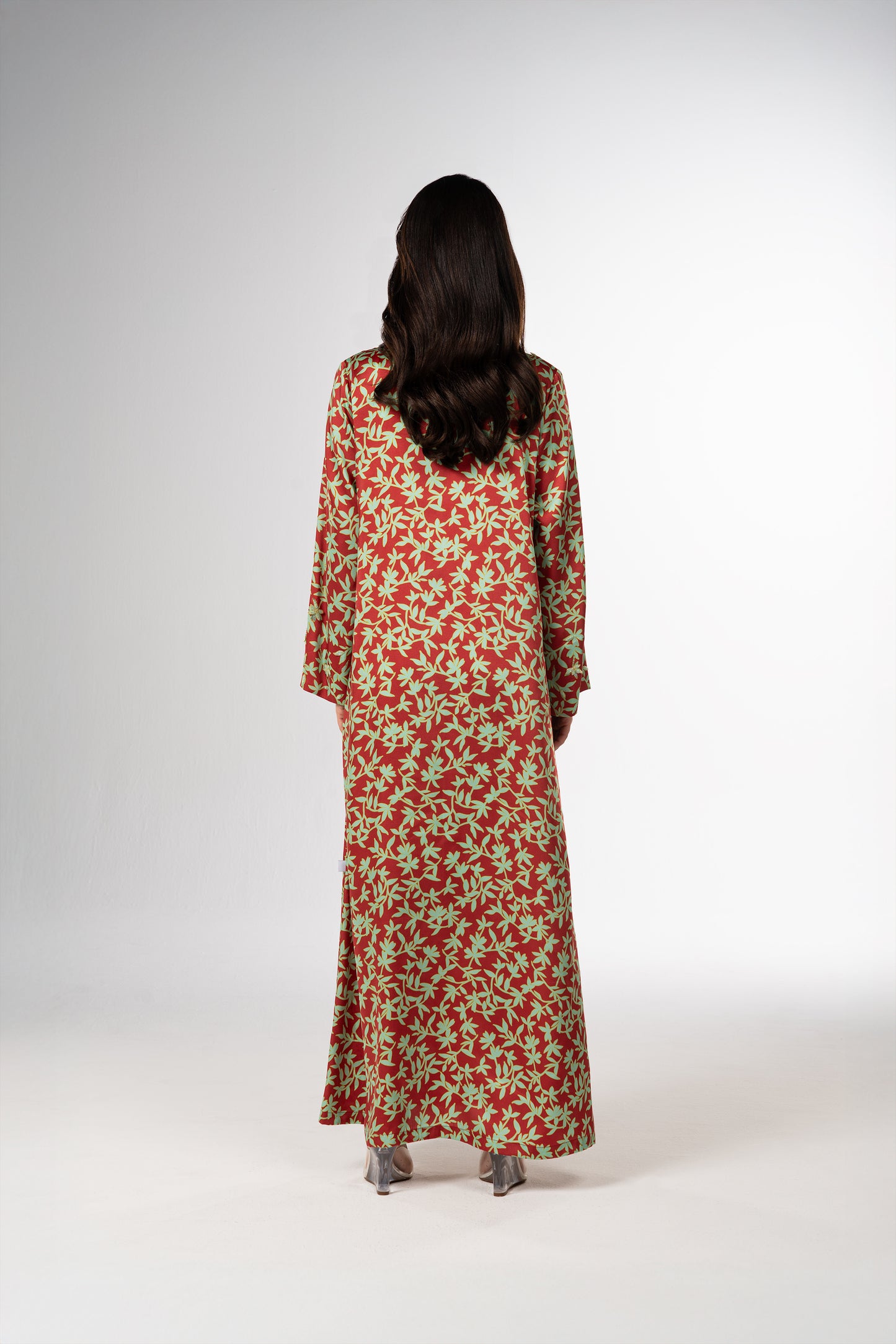 Red Garden Italian Satin Caftan with Hand-Beaded 3D Florals back