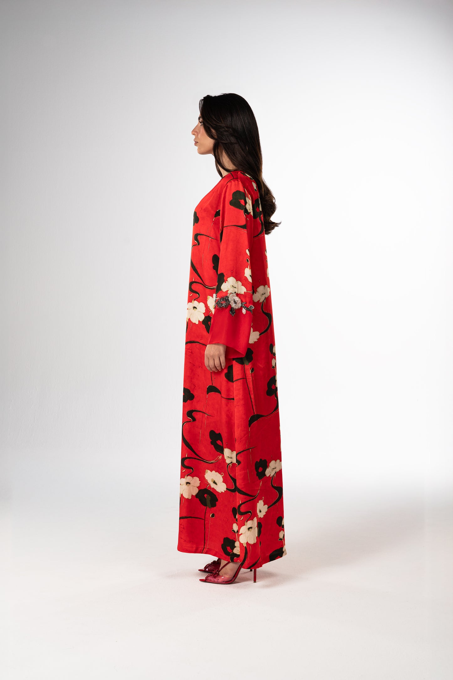 Rouge Jardin Italian Viscose Satin Caftan with 3D Floral Embroidery side