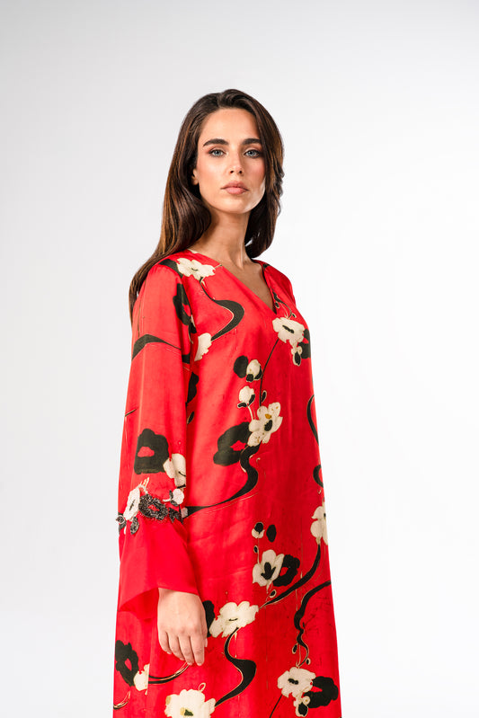 Rouge Jardin Italian Viscose Satin Caftan with 3D Floral European Embroidery – Handmade Limited Edition