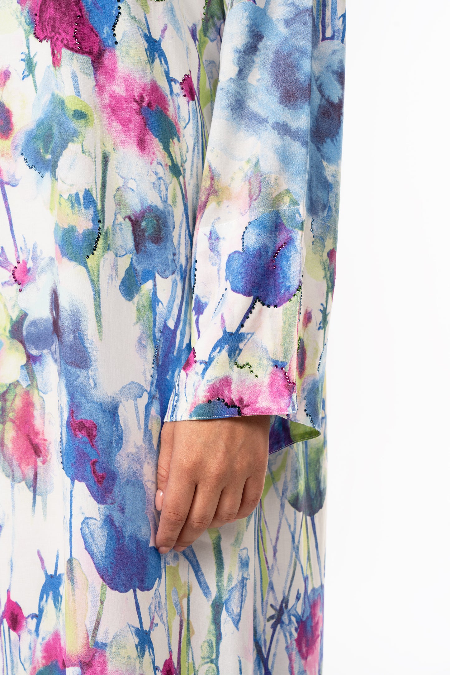 Watercolor Bloom Italian Satin Caftan with Hand Embellished Details close up 2