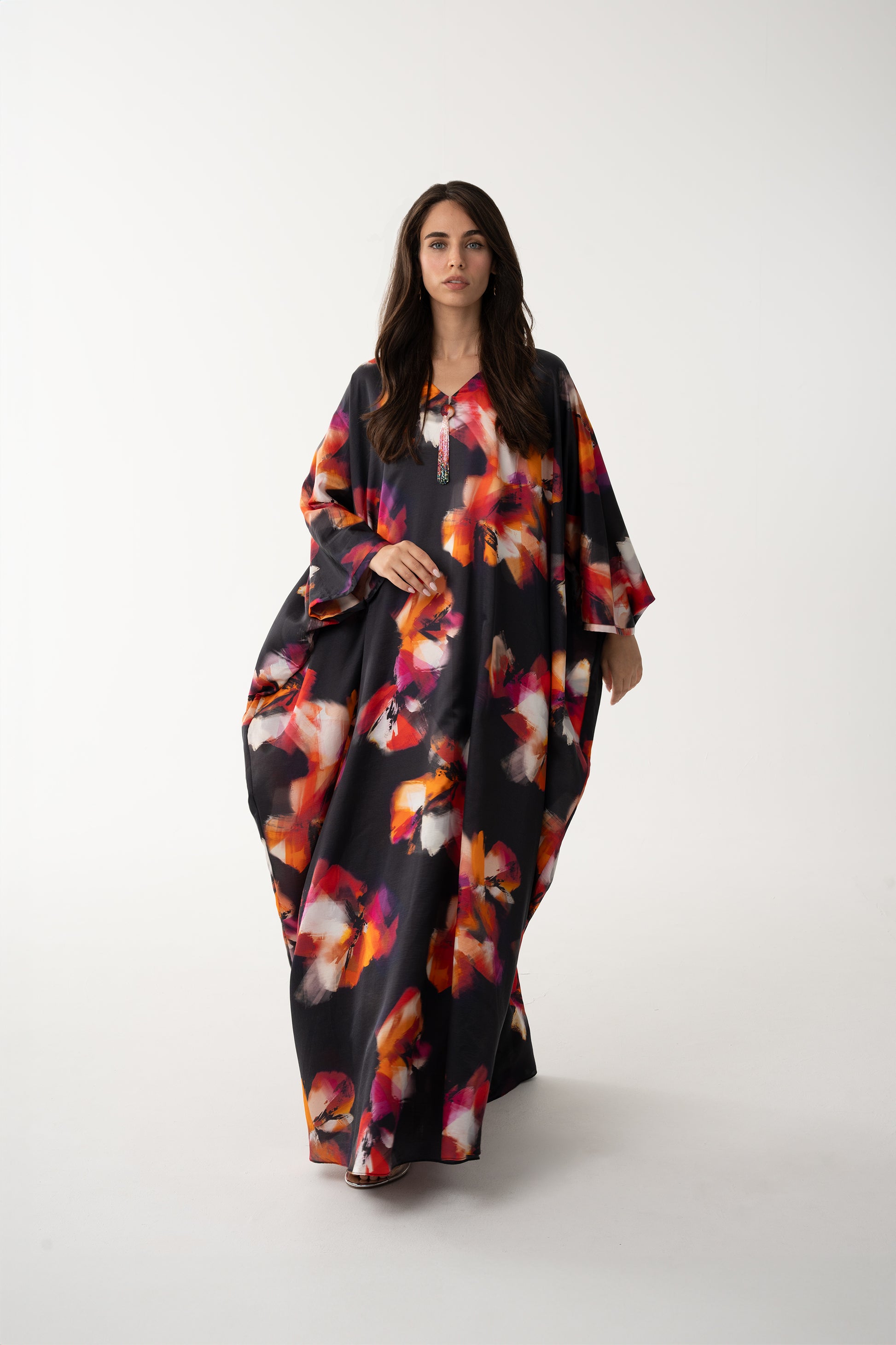 Black and Floral Italian Silk Viscose Caftan - House of Caftan