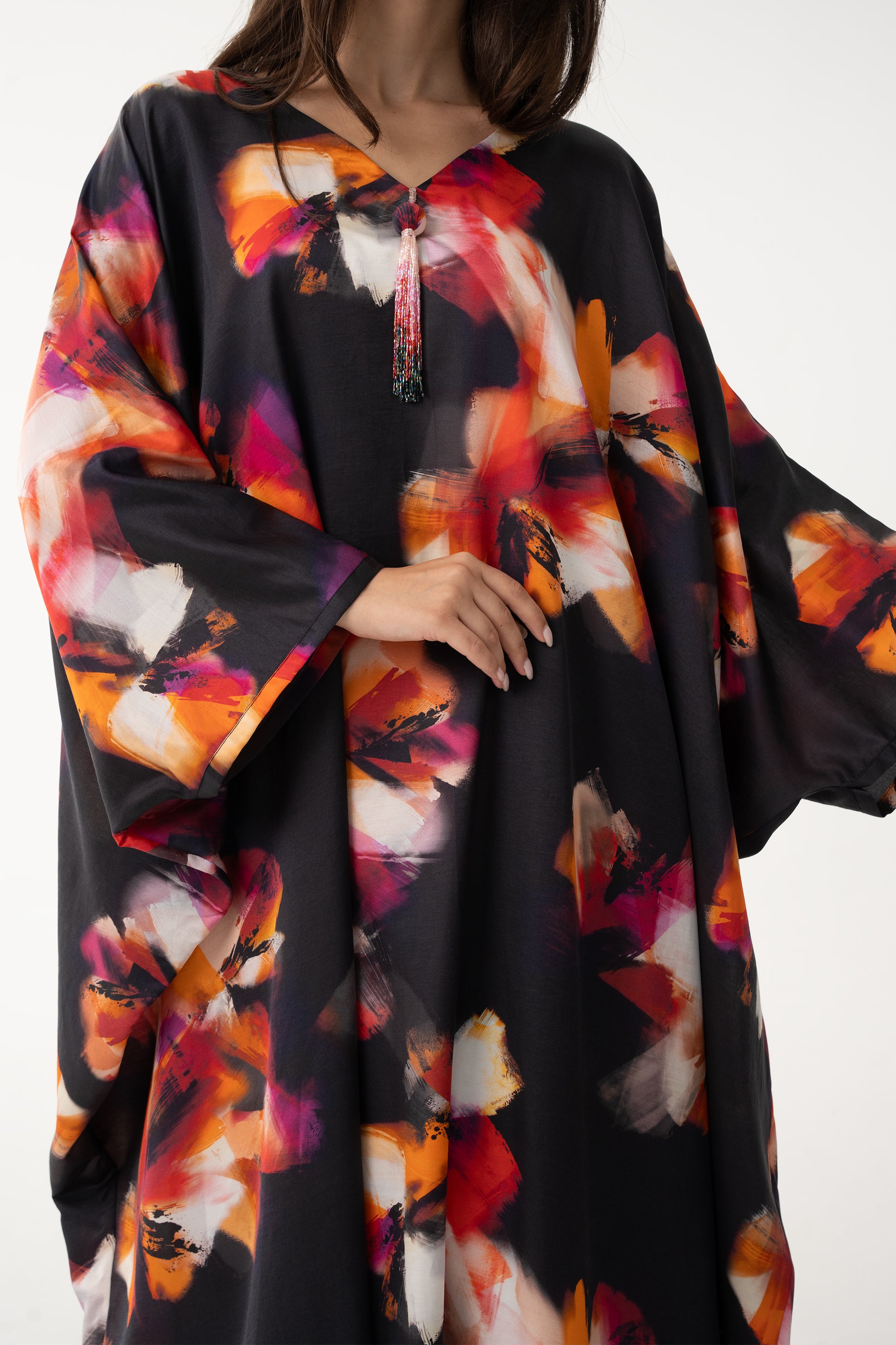 Black and Floral Italian Silk Viscose Caftan - House of Caftan