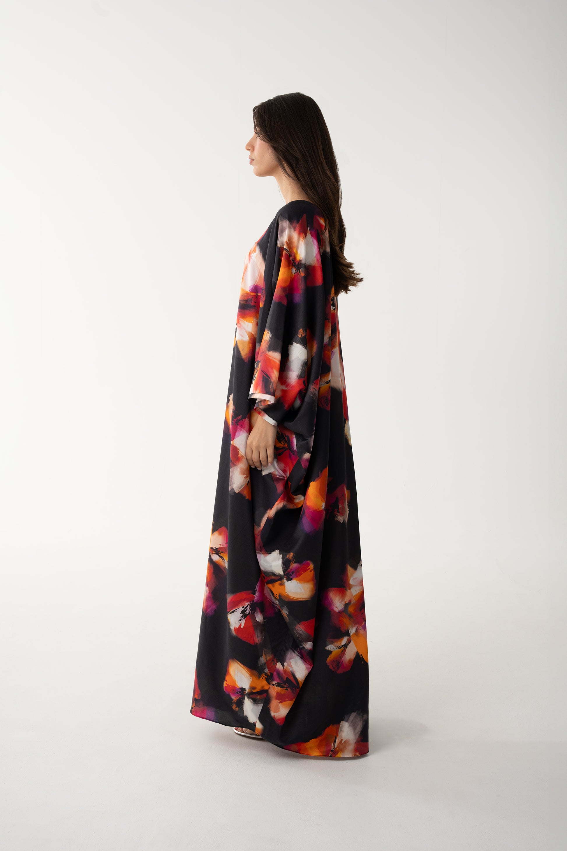 Black and Floral Italian Silk Viscose Caftan - House of Caftan