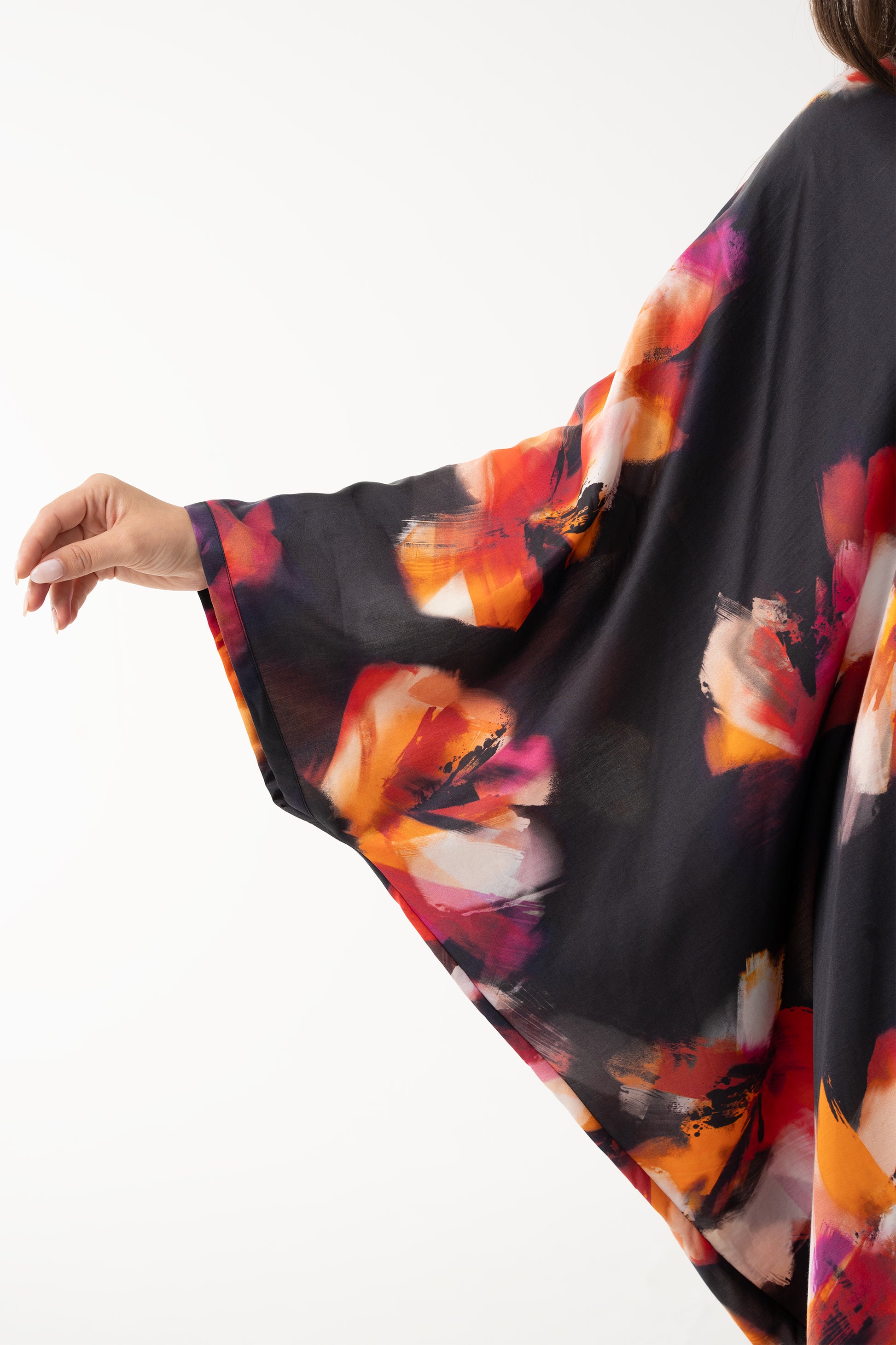 Black and Floral Italian Silk Viscose Caftan - House of Caftan