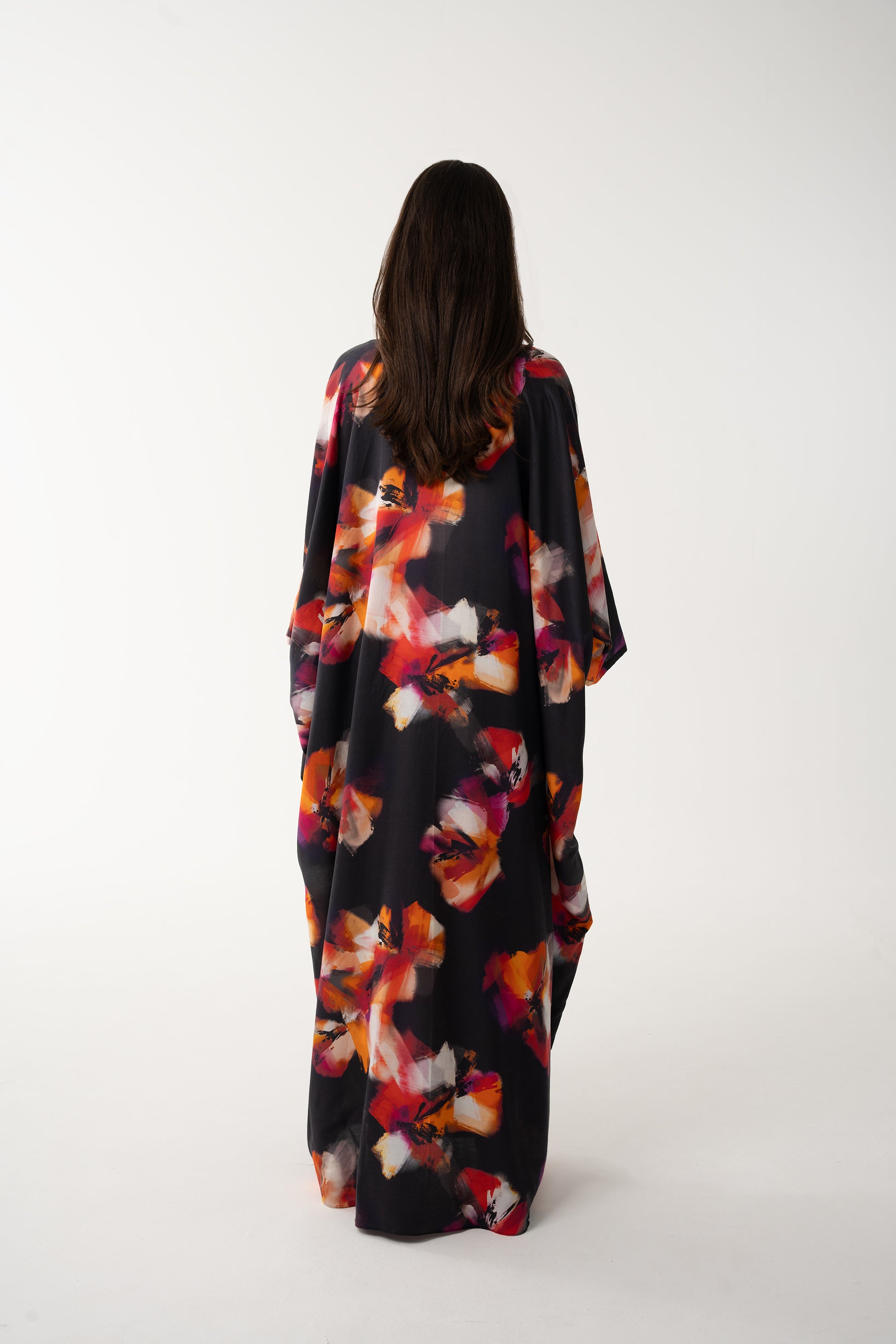 Black and Floral Italian Silk Viscose Caftan - House of Caftan