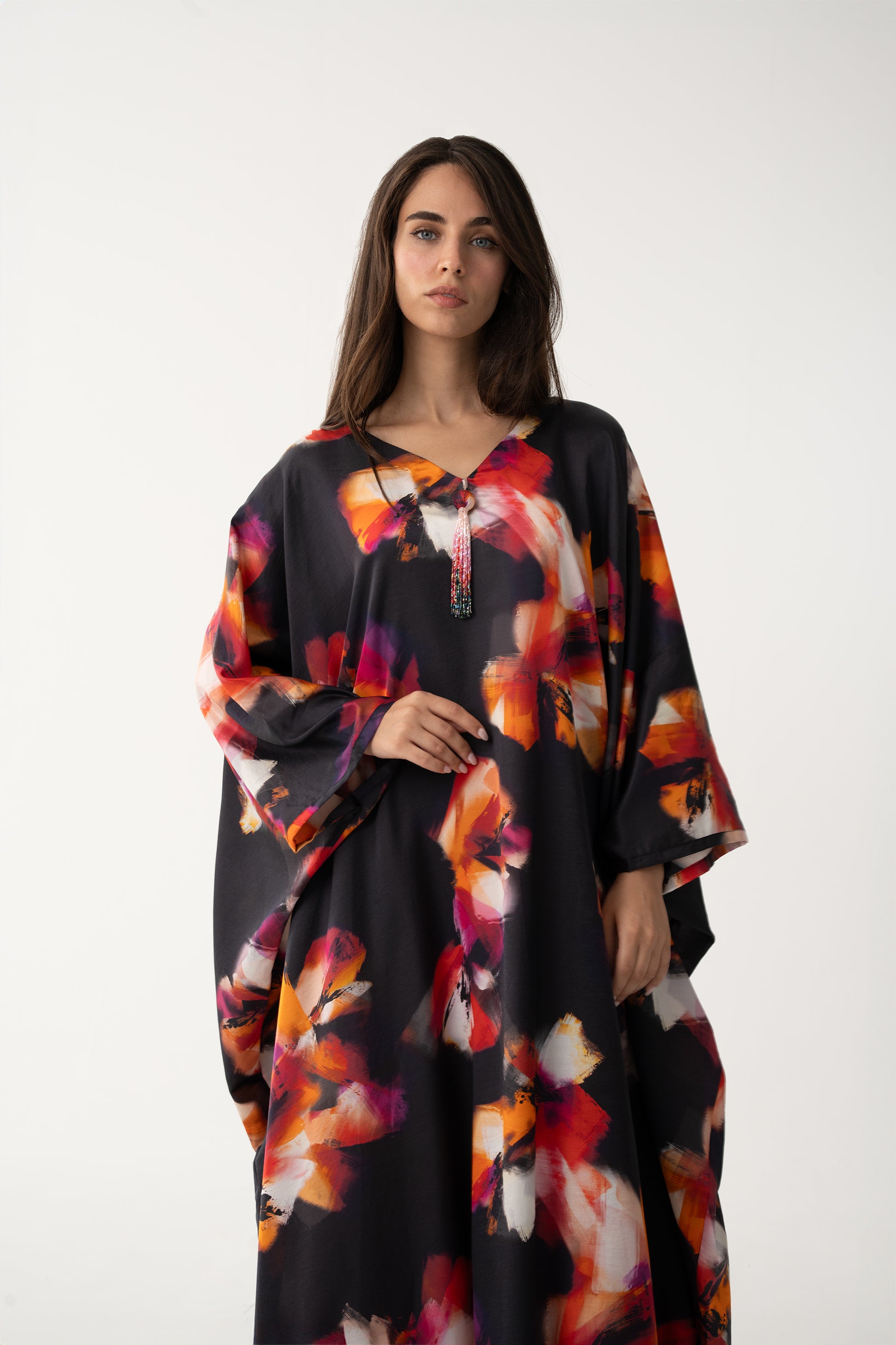 Black and Floral Italian Silk Viscose Caftan - House of Caftan