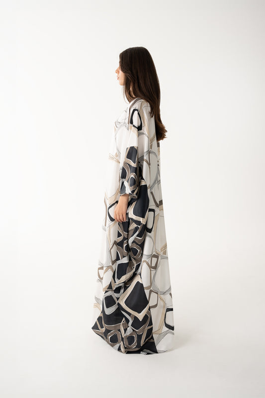 Black and Off-White Color Block Italian Silk Viscose Caftan - House of Caftan