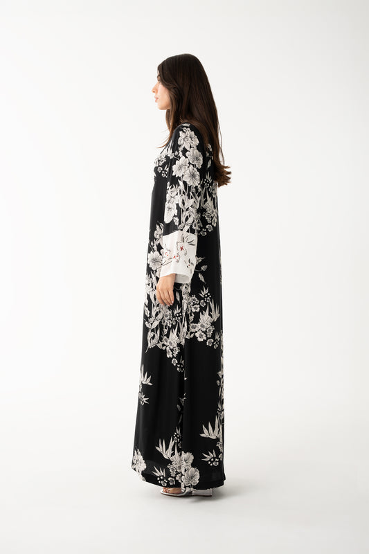 Black Floral Italian Viscose Caftan - House of Caftan