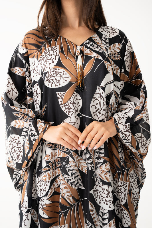Black Tribal Motif Italian Silk Viscose Caftan - House of Caftan