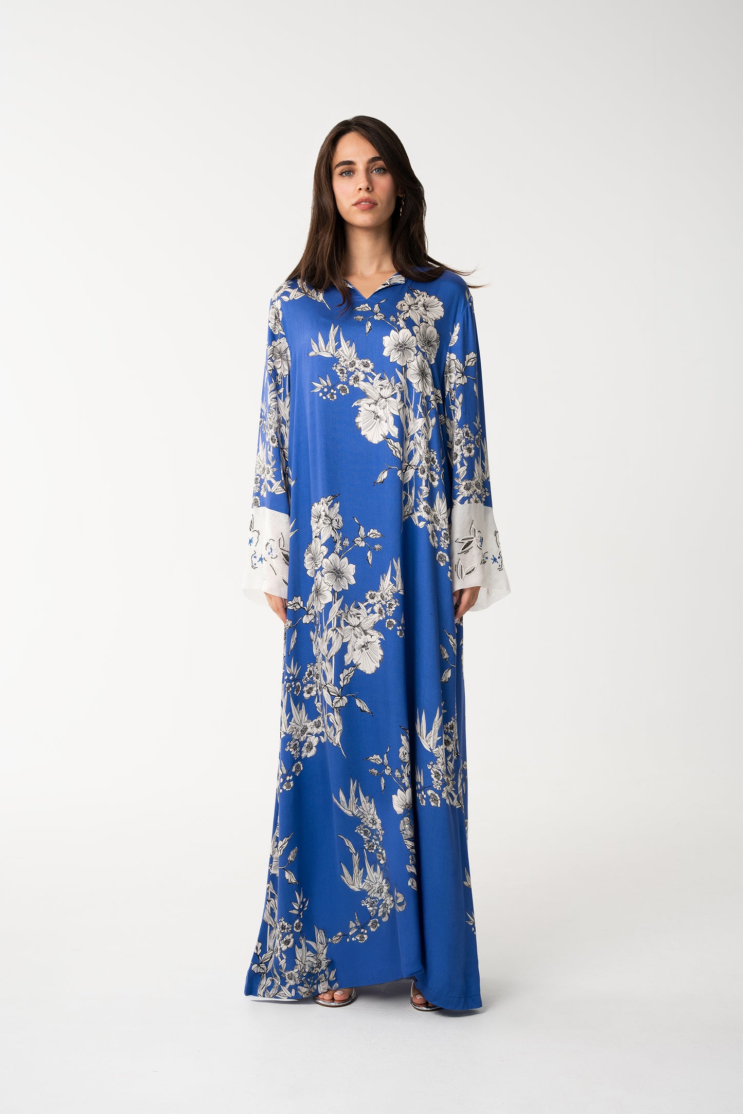 Blue Floral Print Italian Viscose Jalabia - House of Caftan