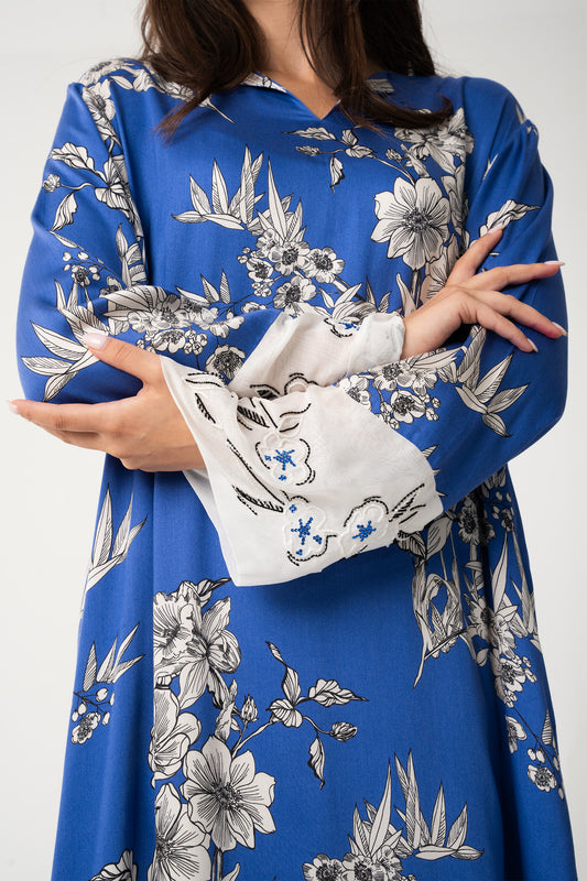 Blue Floral Print Italian Viscose Jalabia - House of Caftan