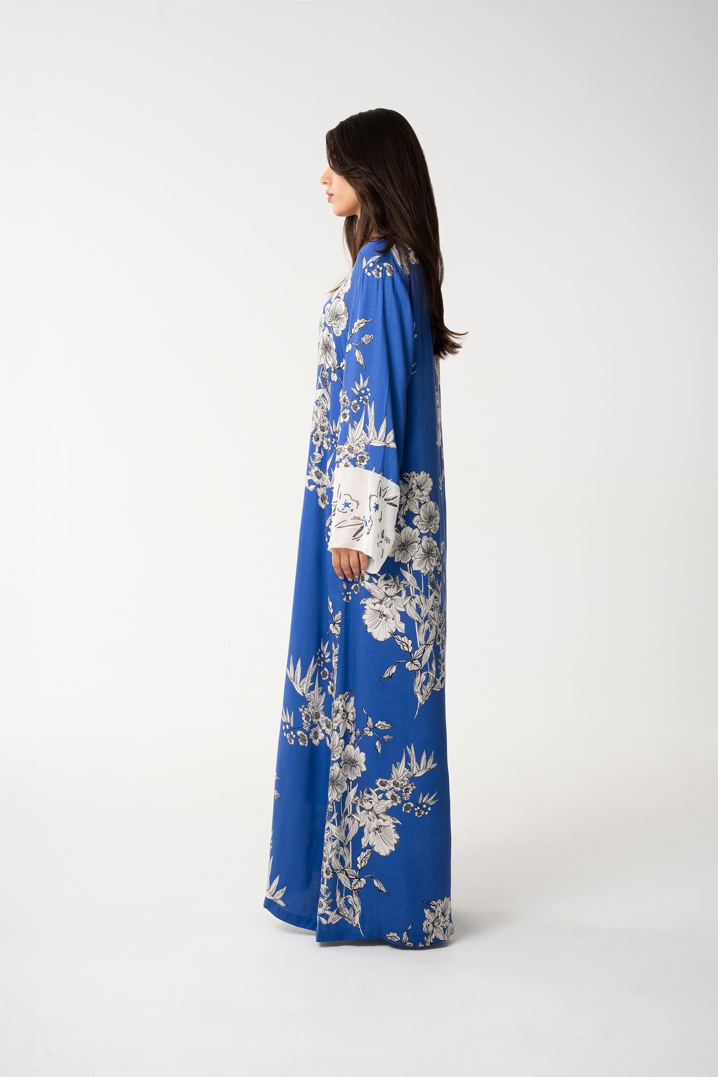 Blue Floral Print Italian Viscose Jalabia - House of Caftan
