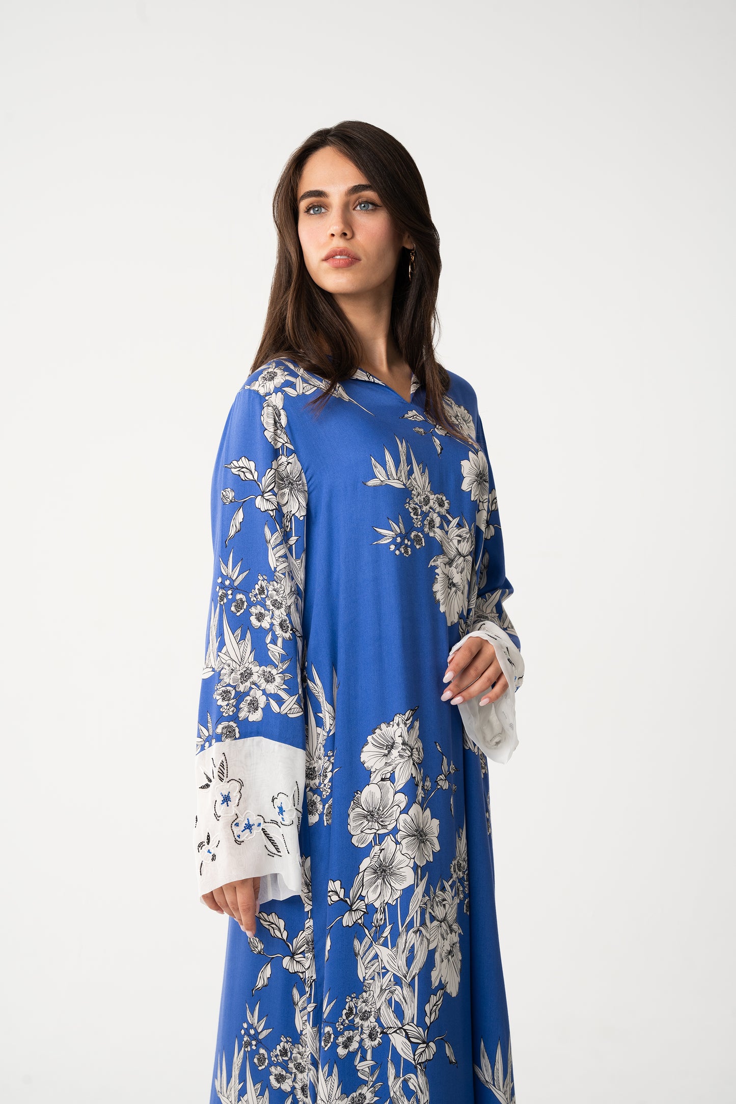 Blue Floral Print Italian Viscose Jalabia - House of Caftan
