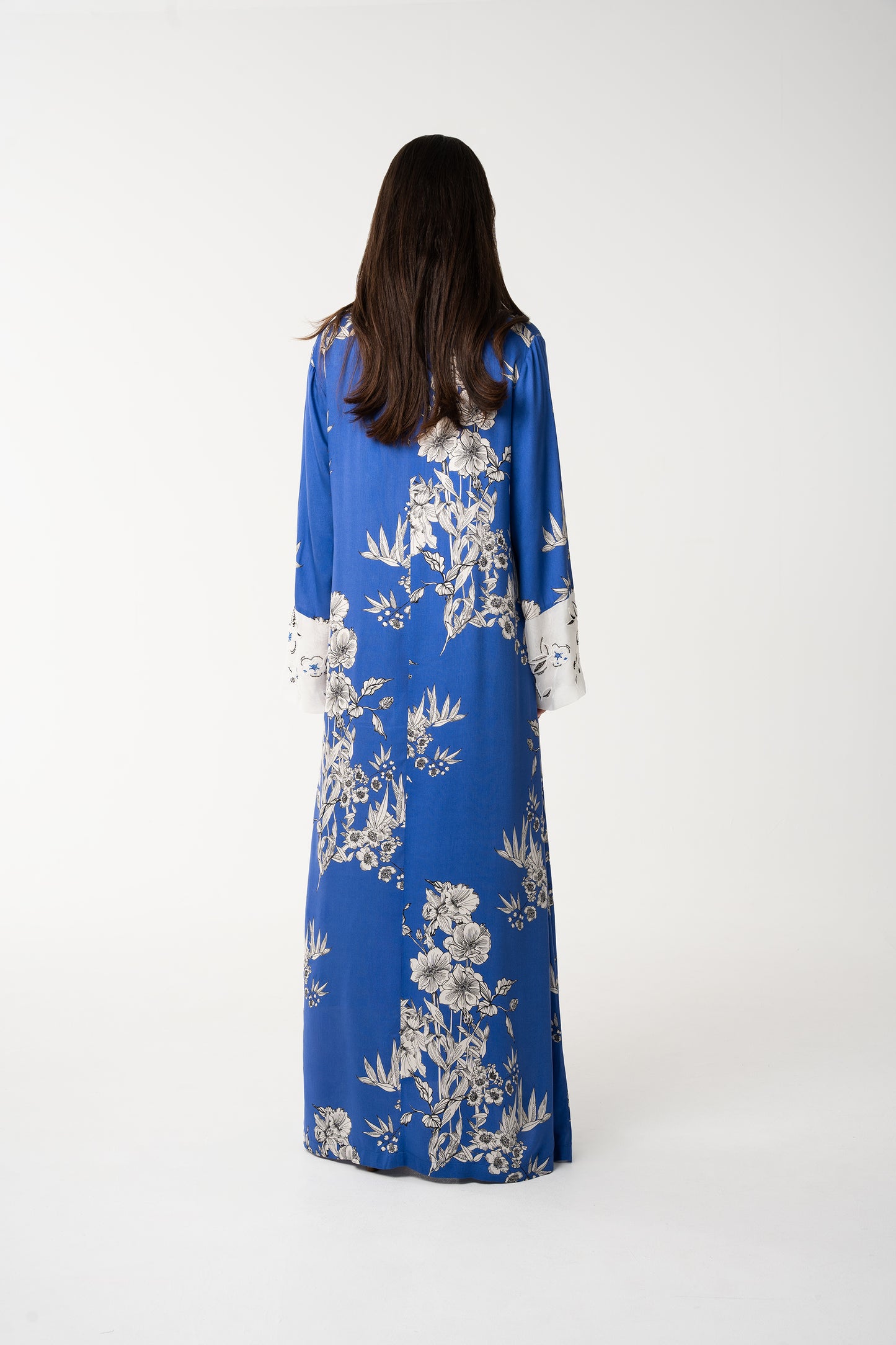 Blue Floral Print Italian Viscose Jalabia - House of Caftan