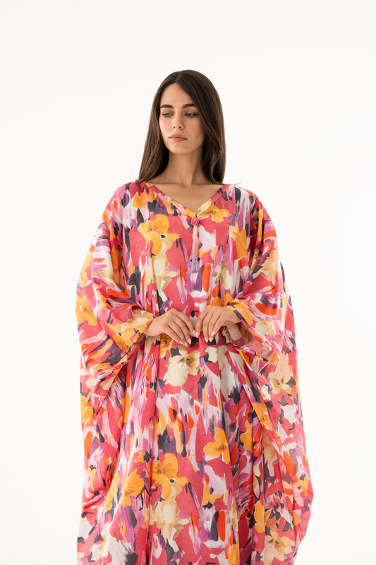 Bright Red Floral Italian Silk Viscose Caftan - House of Caftan