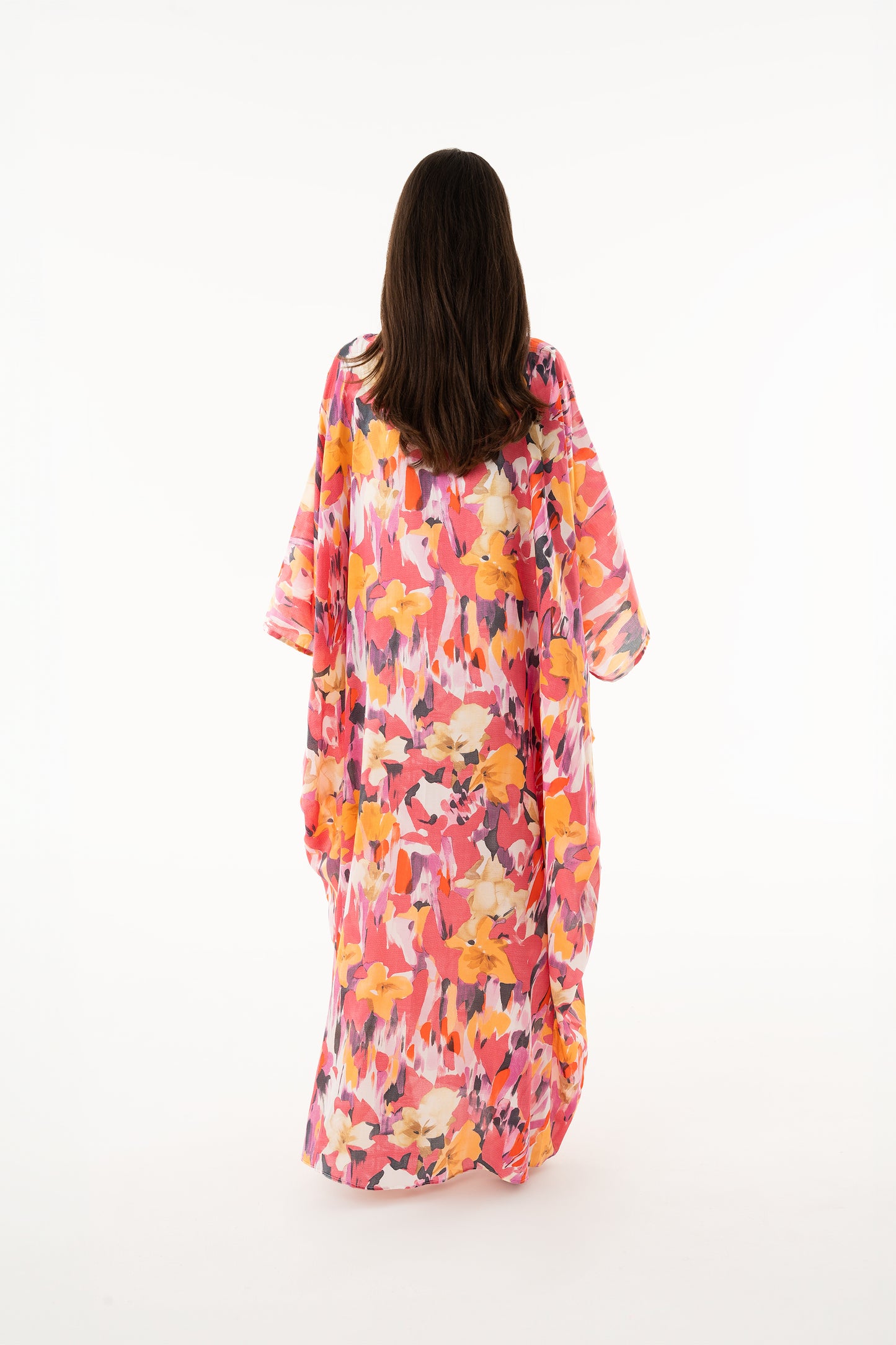 Bright Red Floral Italian Silk Viscose Caftan - House of Caftan