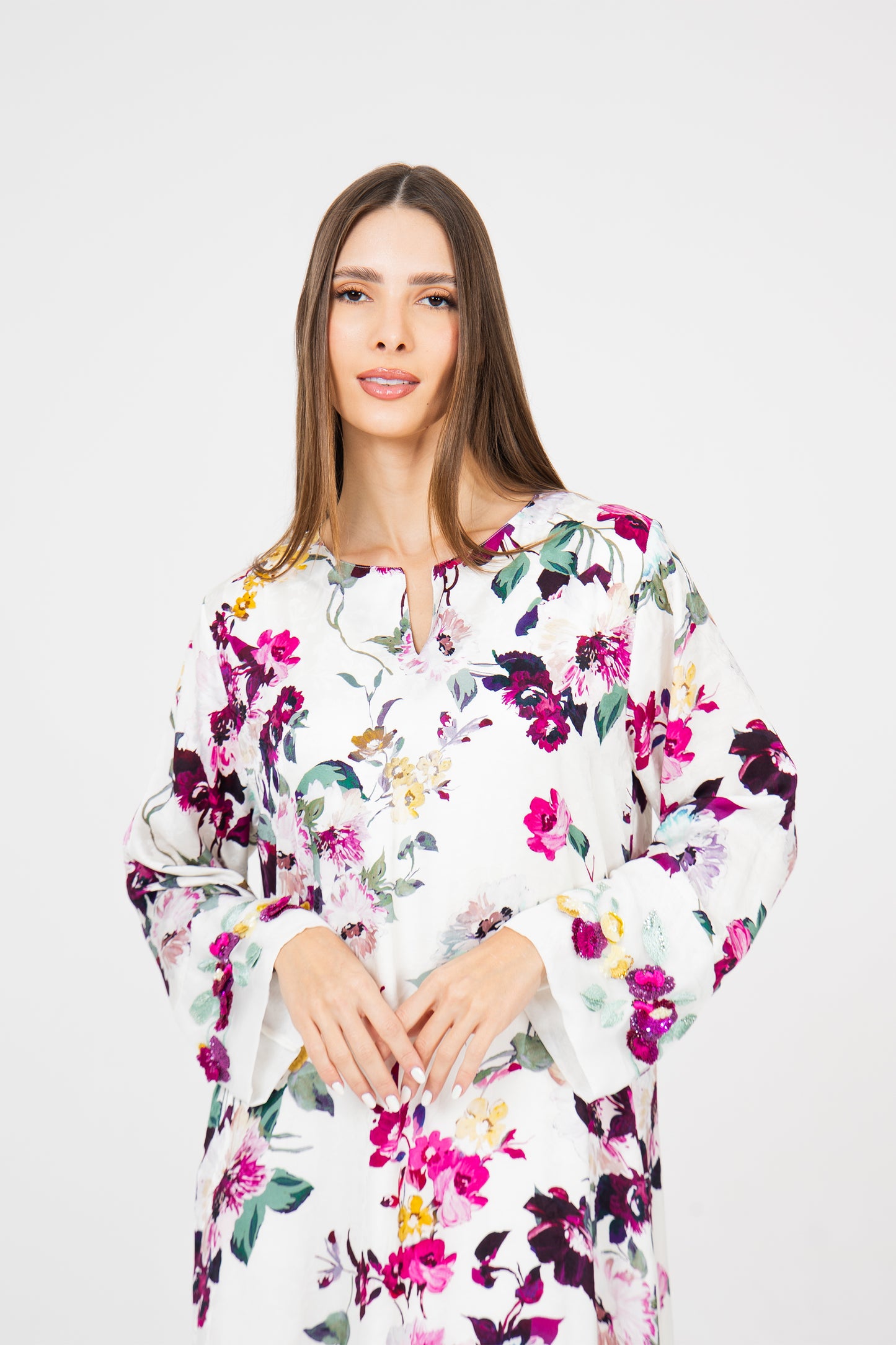 Luxury Floral 3D Embroidered Italian Cotton Jacquard Caftan