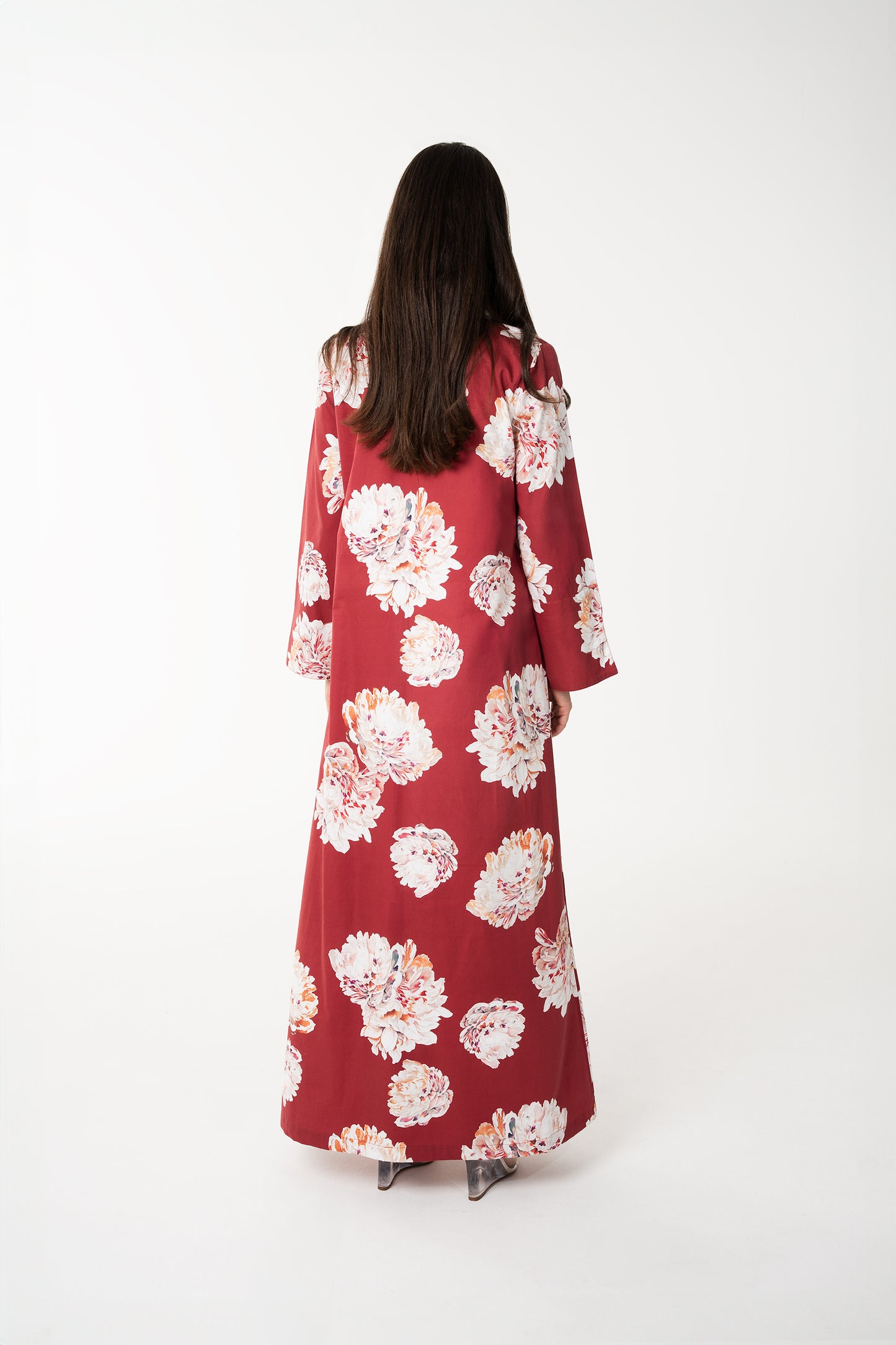 Garnet with White Floral Italian Cotton Jalabia - House of Caftan