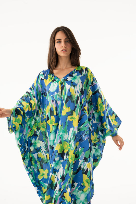 Multicolor Floral Italian Silk Viscose Caftan (Ramadan Early Collection) - House of Caftan