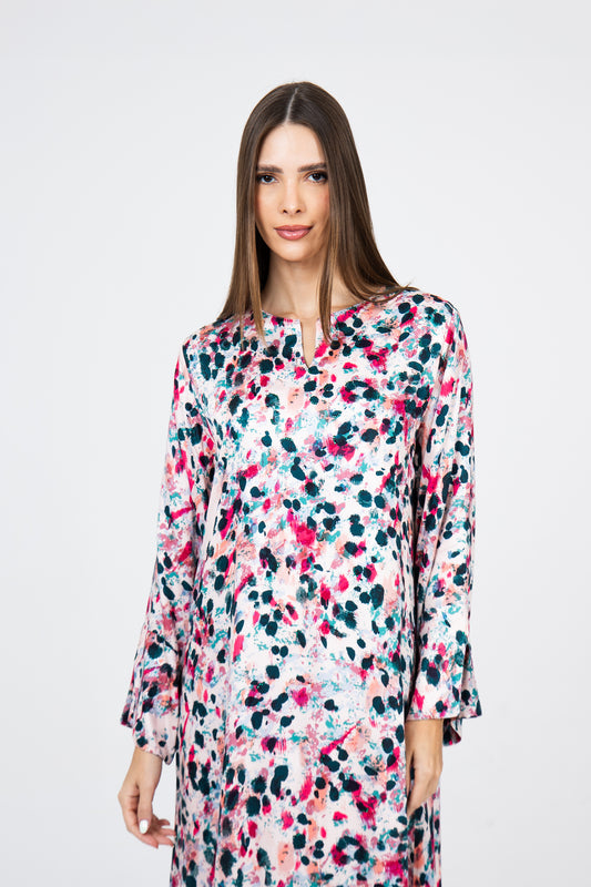 Shades of Paint-Splatter Italian Viscose Caftan with Crystals