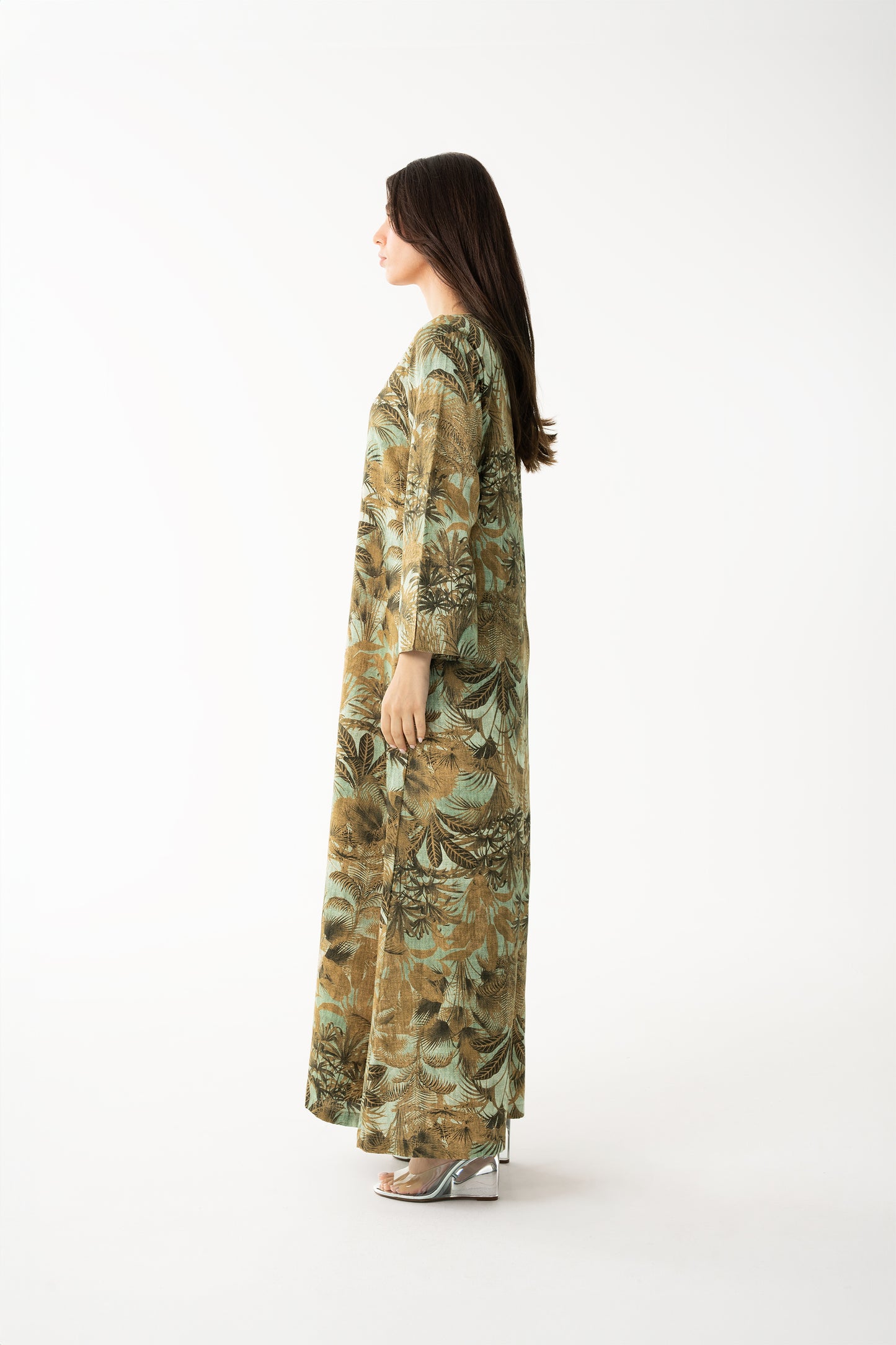 Mustard with Palm Print Caftan - House of Caftan