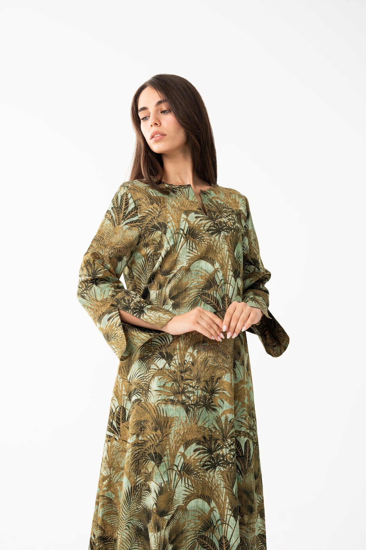Mustard with Palm Print Caftan - House of Caftan