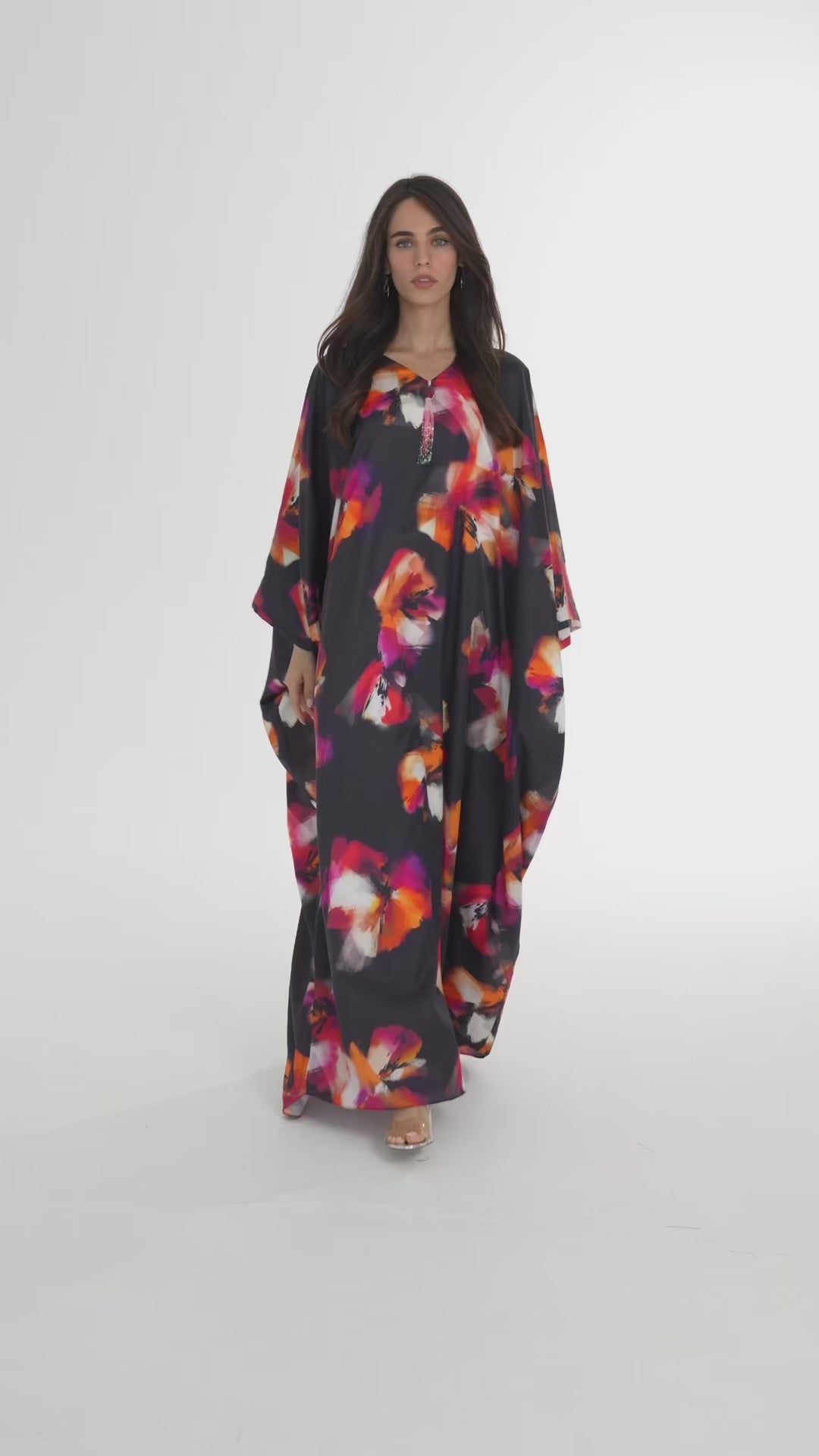 Black Floral Italian Silk Cotton Caftan - House of Caftan