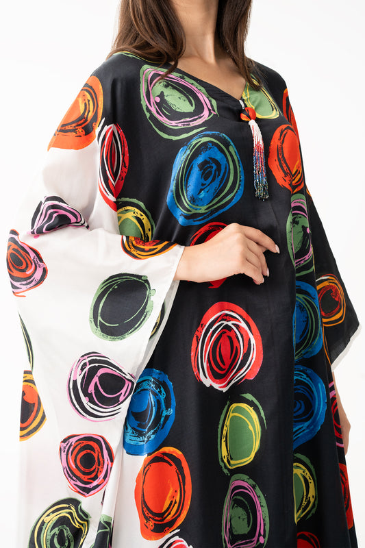 Red and Black Color Block Italian Silk Viscose Caftan - House of Caftan