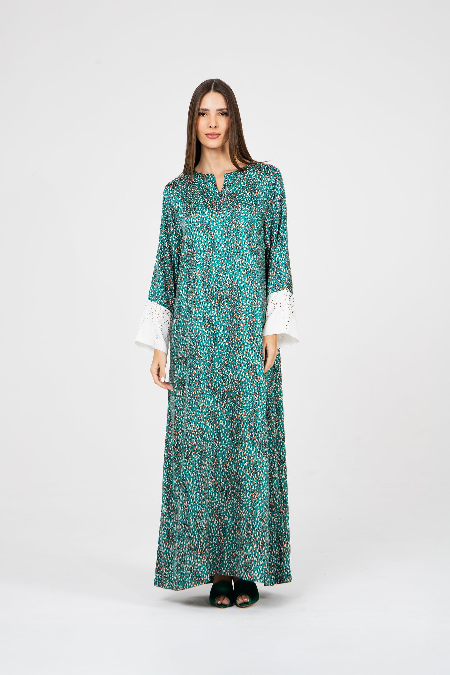 Luxury Turquoise Italian Silk Viscose Caftan with Crystals